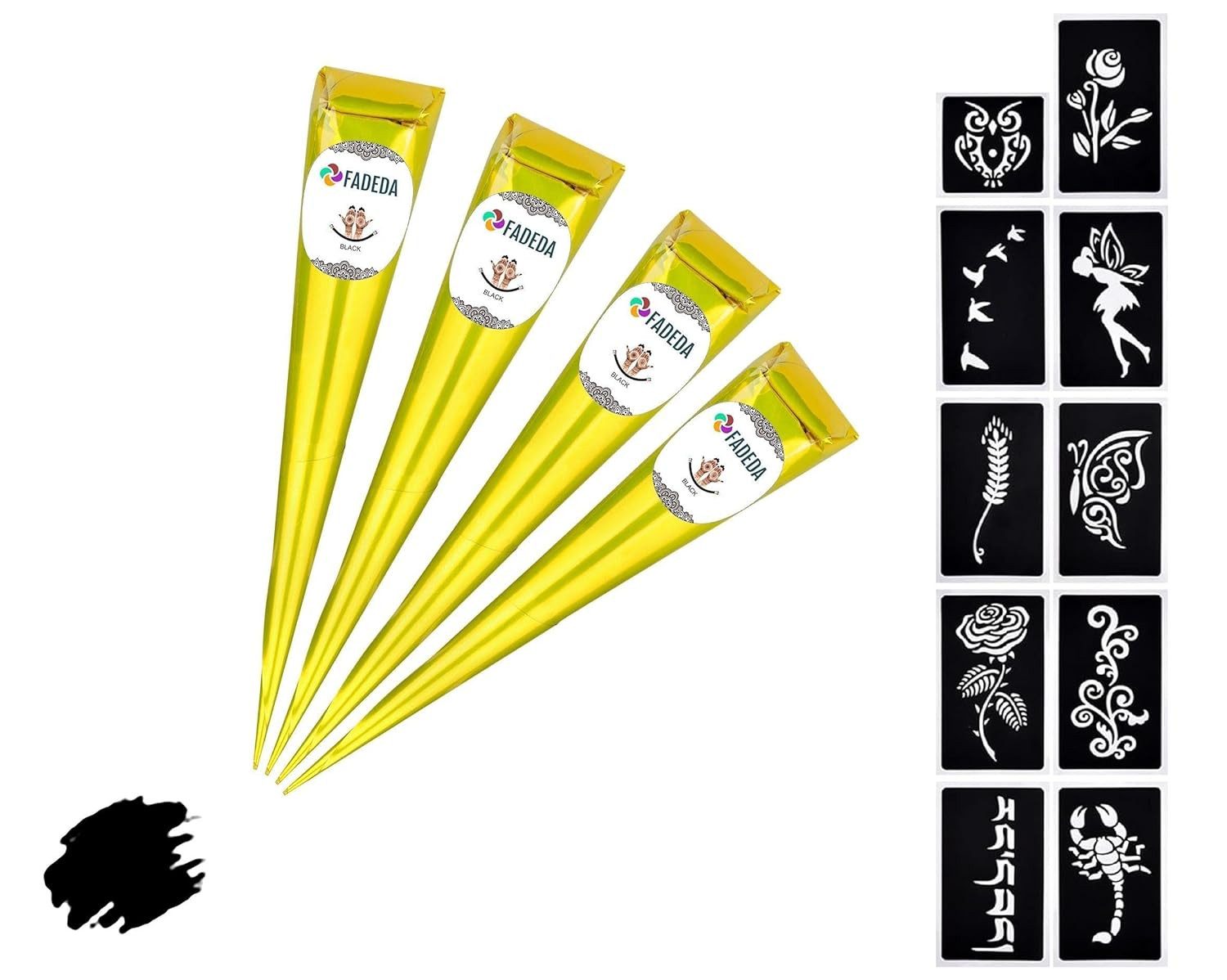 FADEDA Strass-Tattoo 4x Henna Kegel je 25g natürliche Paste, 10x Schablonen, 100 % Bio, 4 Henna Kegel je 25 Gramm + 10x Schablonen, 100 % NATÜRLICHE HENNA-PASTE INKLUSIVE 10x SCHABLONEN