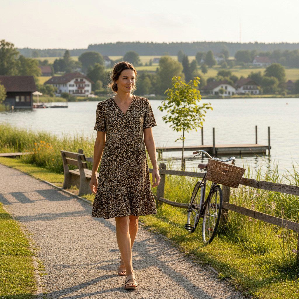 Ringella Sommerkleid aus feiner, leichter Webware mit V-Ausschnitt und Volantsaum Viskose/Elasthan-Mischung