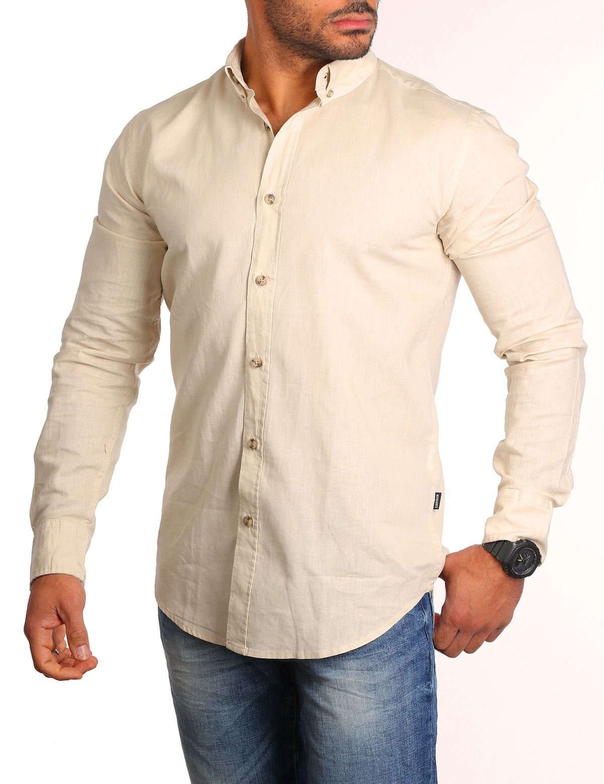 Button-Down-Kragen Casual Regular Uni Baumwoll Langarm Leinen CARISMA Langarmhemd Beige 8529 Mix Herren Hemd