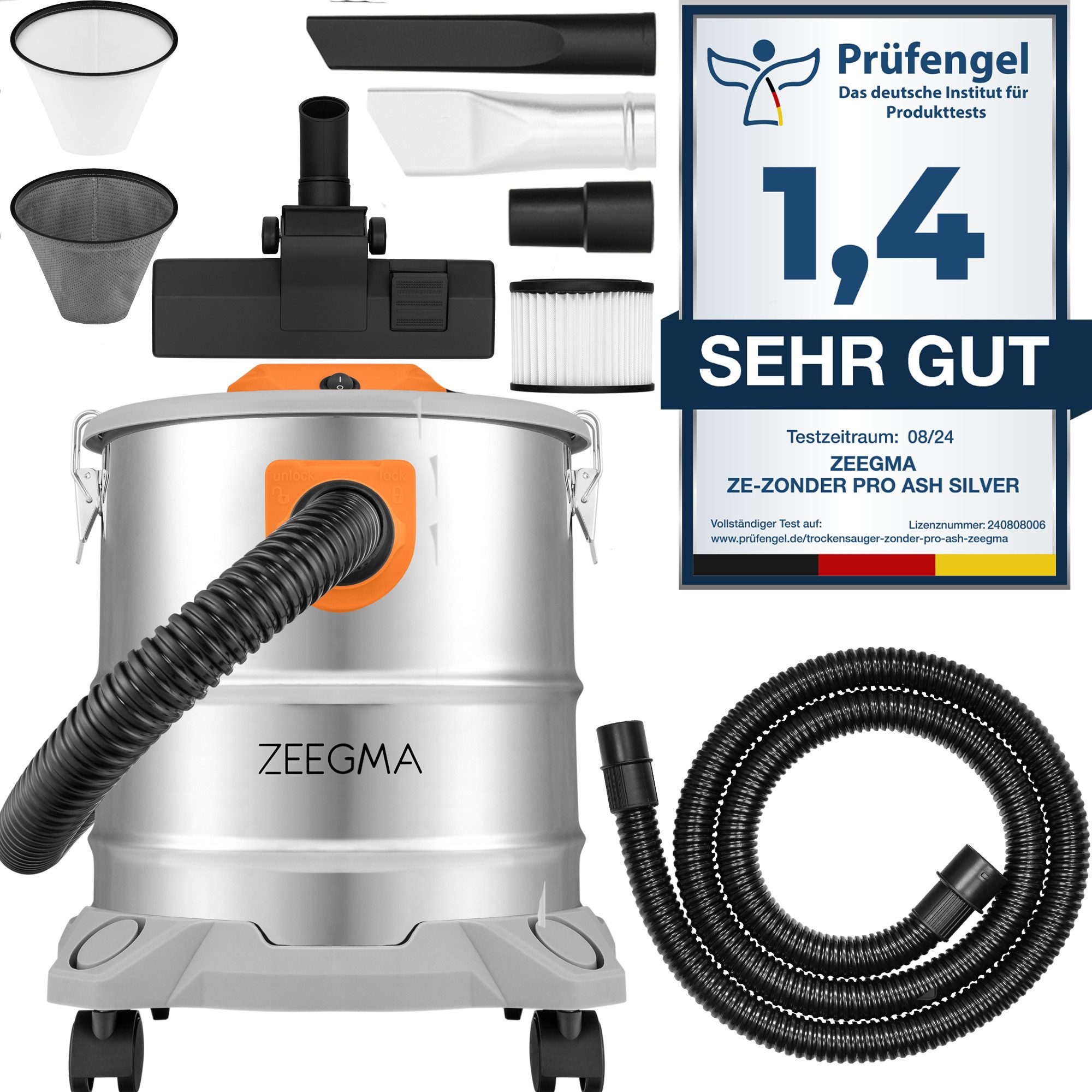 Zeegma Industriesauger Zonder Pro Ash, 1600,00 W, mit Beutel, Trockenstaubsauger und Aschenreiniger / Vielfältiges Zubehör