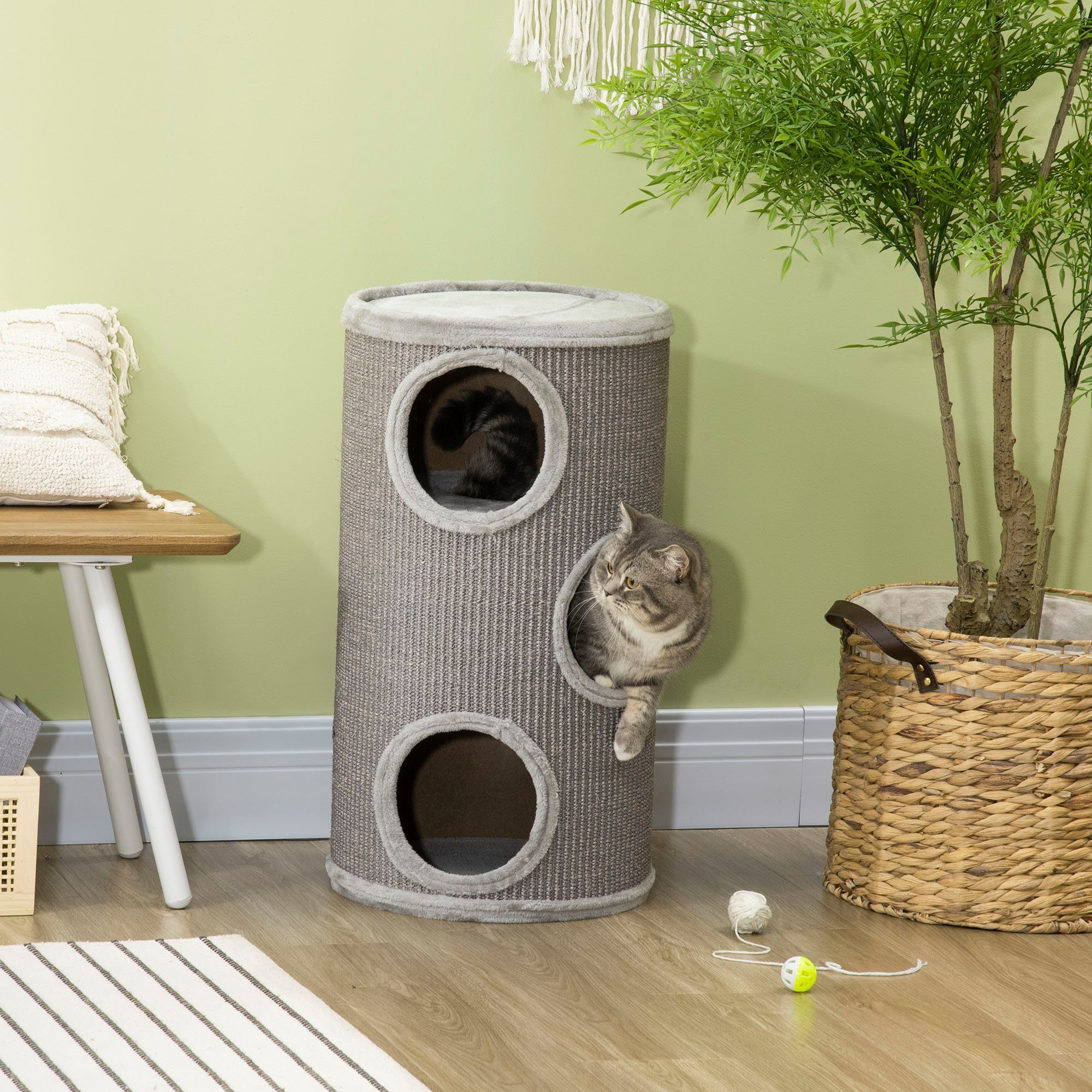 PawHut Kratztonne Höhe 70 cm, 3 Ebenen, mit 3 Höhlen, (Katzenmöbel, 1-tlg., Kratzturm), aus Sisal, Katzenmöbel, Plüsch, Grau
