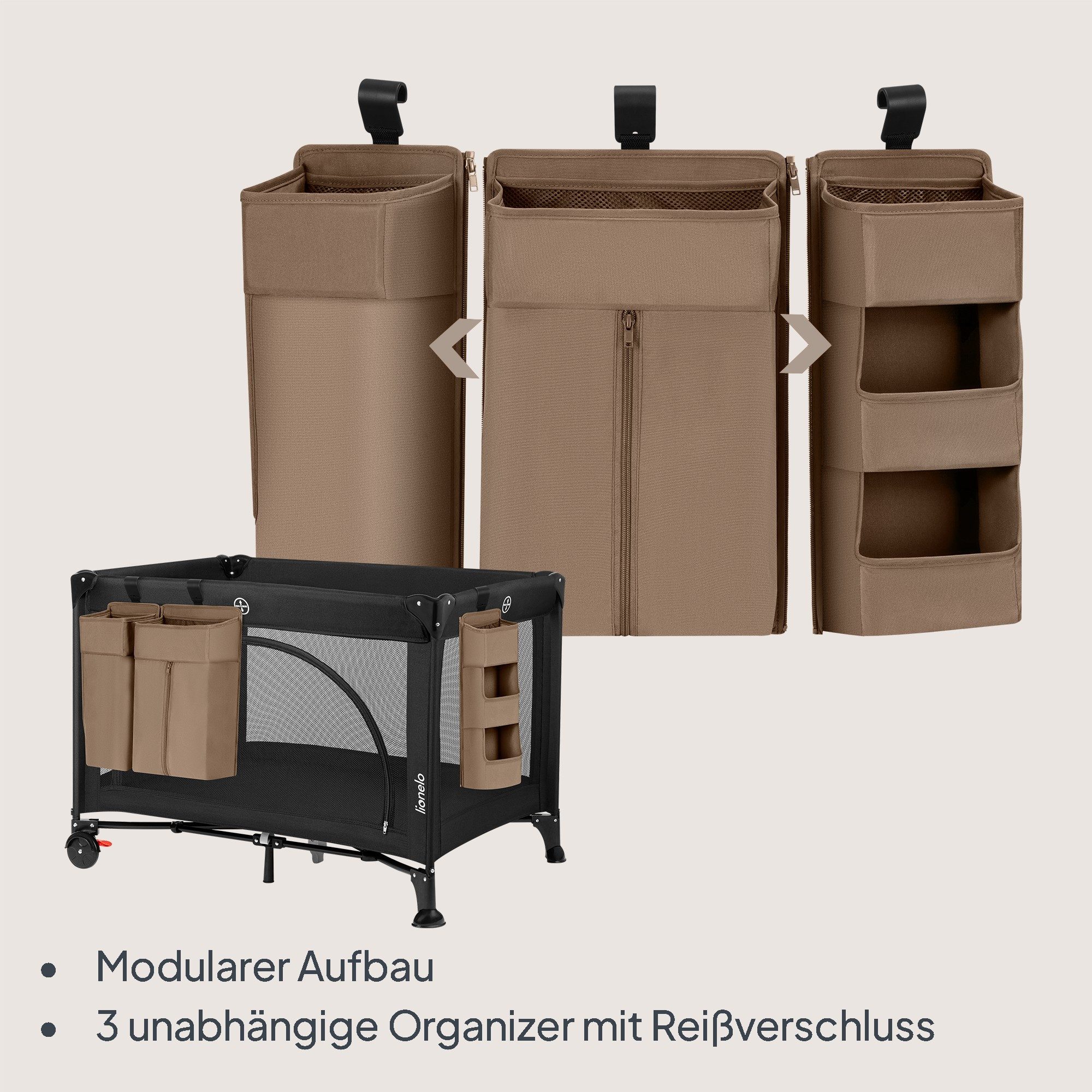 lionelo Betttasche SIDEPOCKET LARGE (Set, Set), 3Teile/modulareStruktur/Haken&Klett/PP-Platten/weiche Kanten