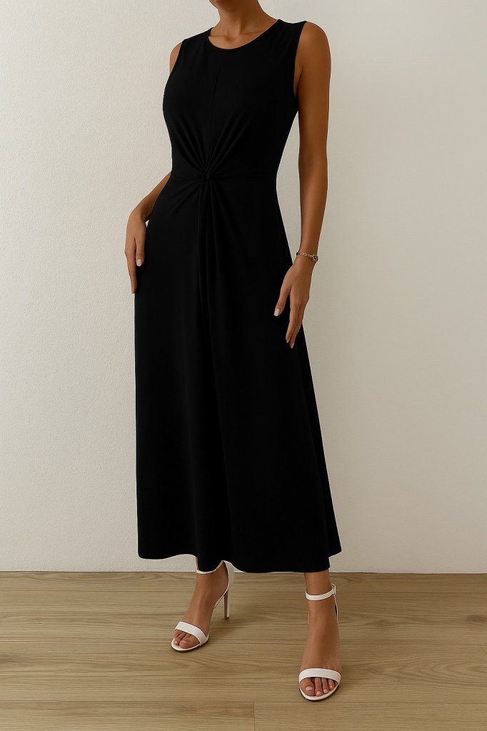 Midikleid JANE'S Damen Null Ärmel Rundhals Seitensammlung Detail Viskose Kleid