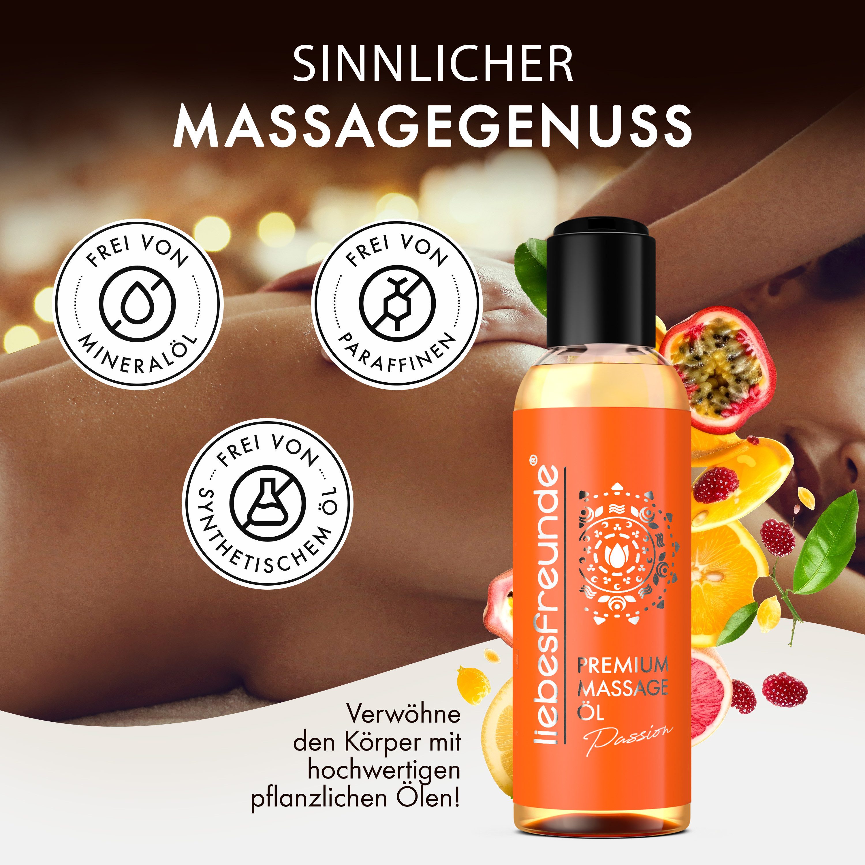 Liebesfreunde Massageöl Premium Massageöl Passion - Sinnliches Massage Öl für Paare, 150 ml, Frei von Mineralöl