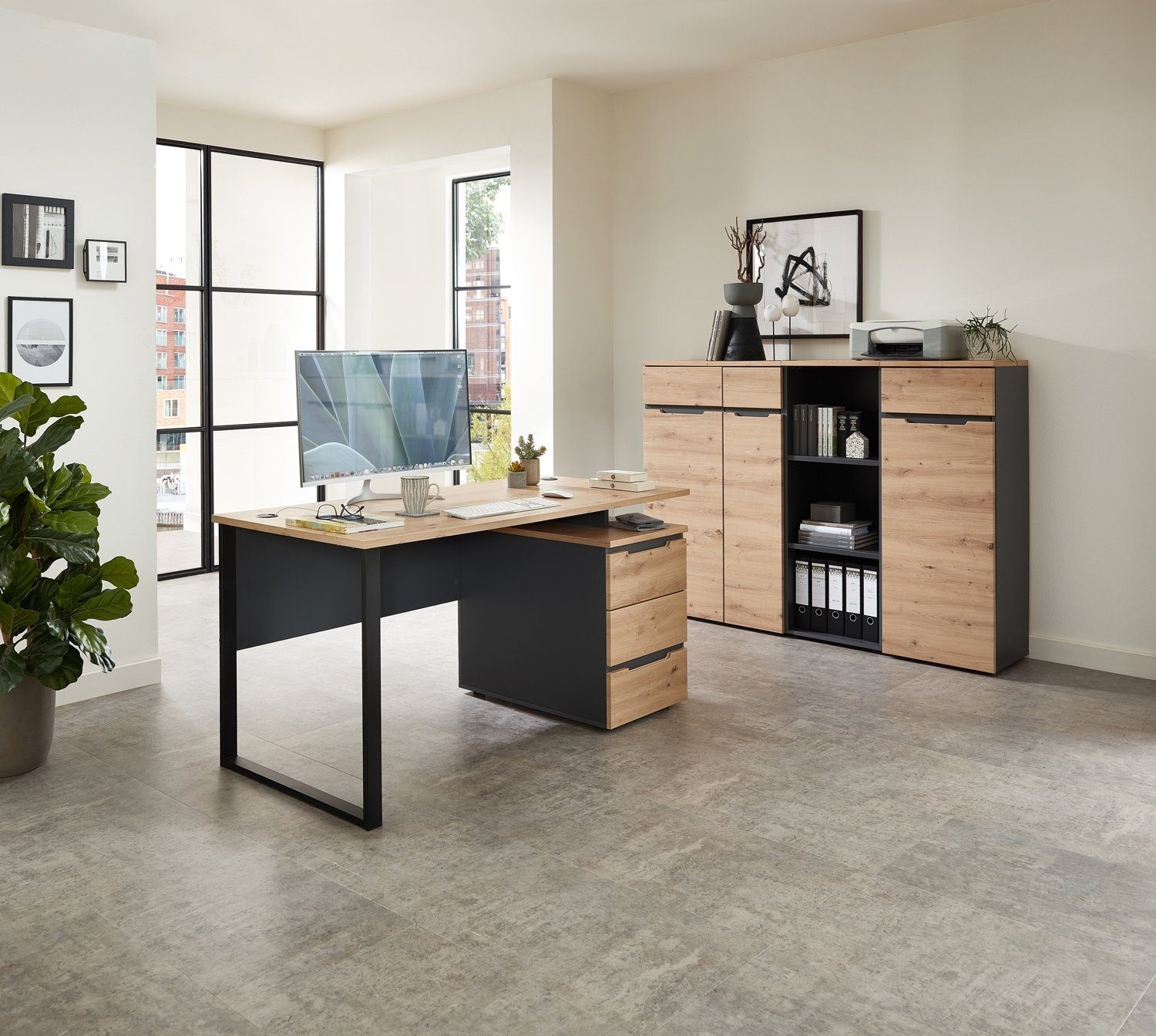 Innostyle Schreibtisch MEMPHIS, Artisan Eiche Dekor, Schwarz, Metall, B 150 x T 73 cm, mit Container