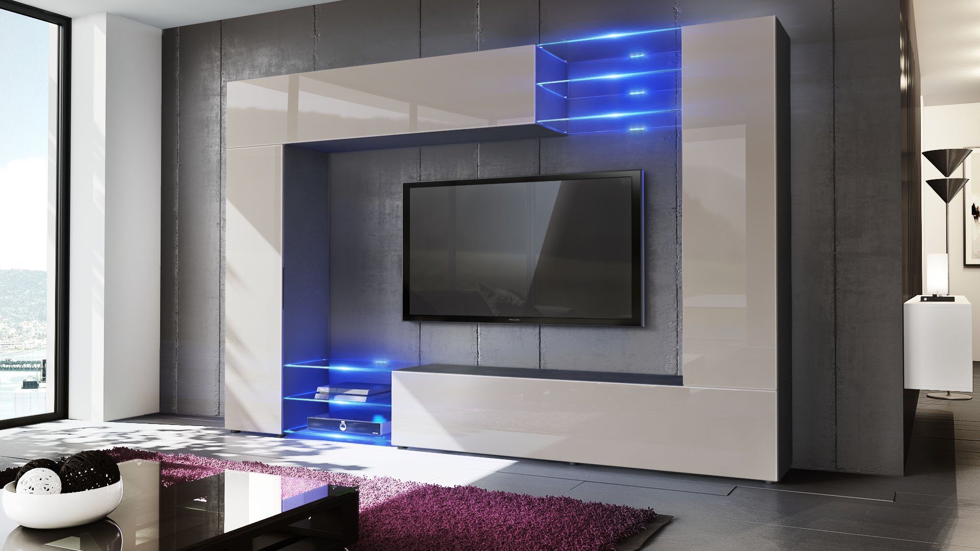Vladon Wohnwand Mirage, (Anbauwand mit Rückwand mit 2 Türen, 2 Klappen und 6 offenen Glasablagen), Schwarz matt/Sandgrau Hochglanz, inkl. LED-Beleuchtung (262x183x39 cm)
