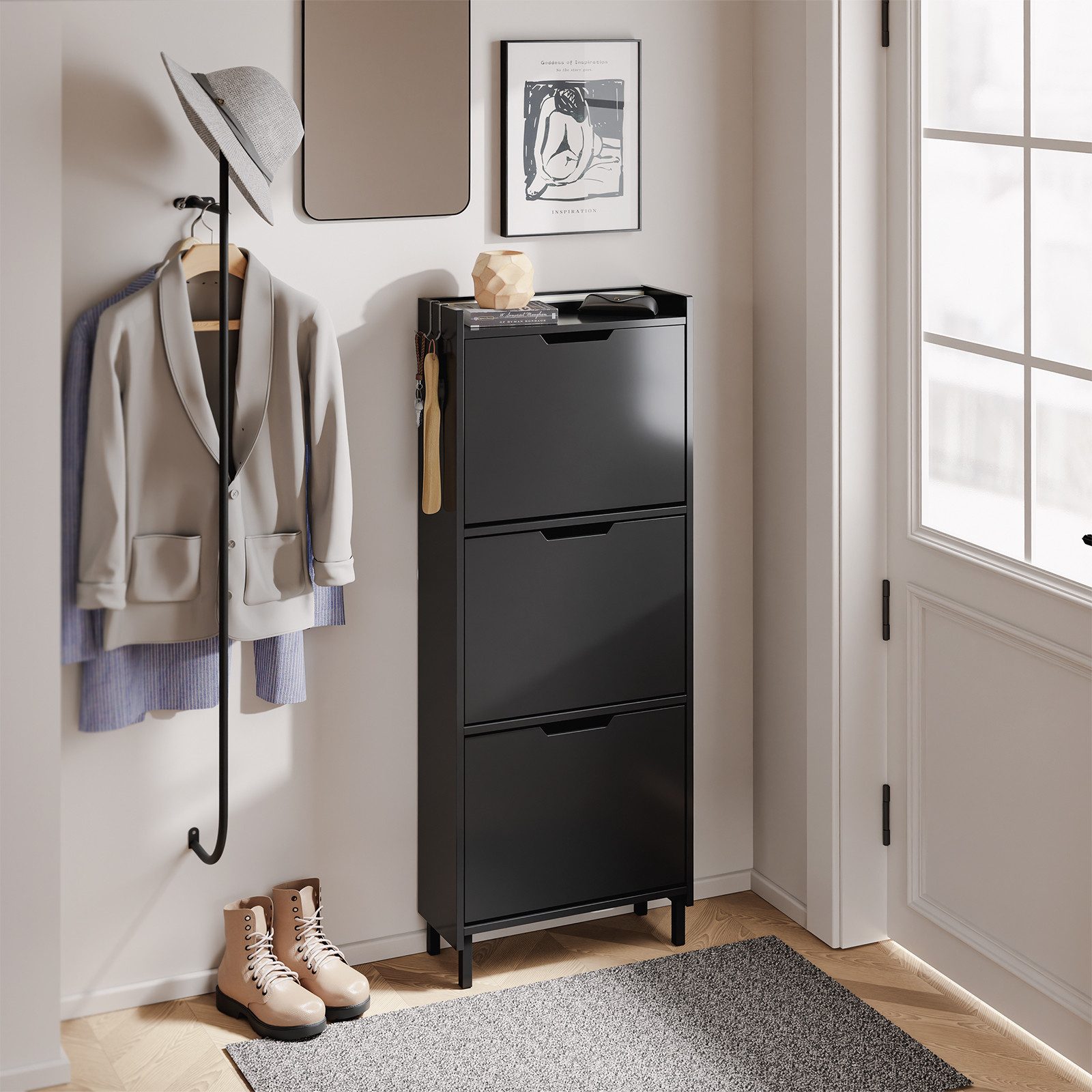 SoBuy Schuhschrank FSR151-H-E, Schuhschrank schmal, Schuhregal Schuhkipper Flurschrank Schuhschrank hängend, mit Sensorlicht, 3 Klappen, Schuhaufbewahrung