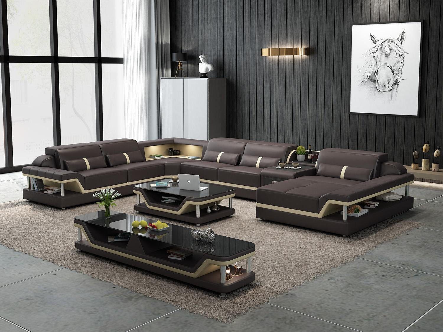 JVmoebel Ecksofa, Sofa mit USB Designer Wohnlandschaft U-Form Couch Ecksofa Braun/Weiß