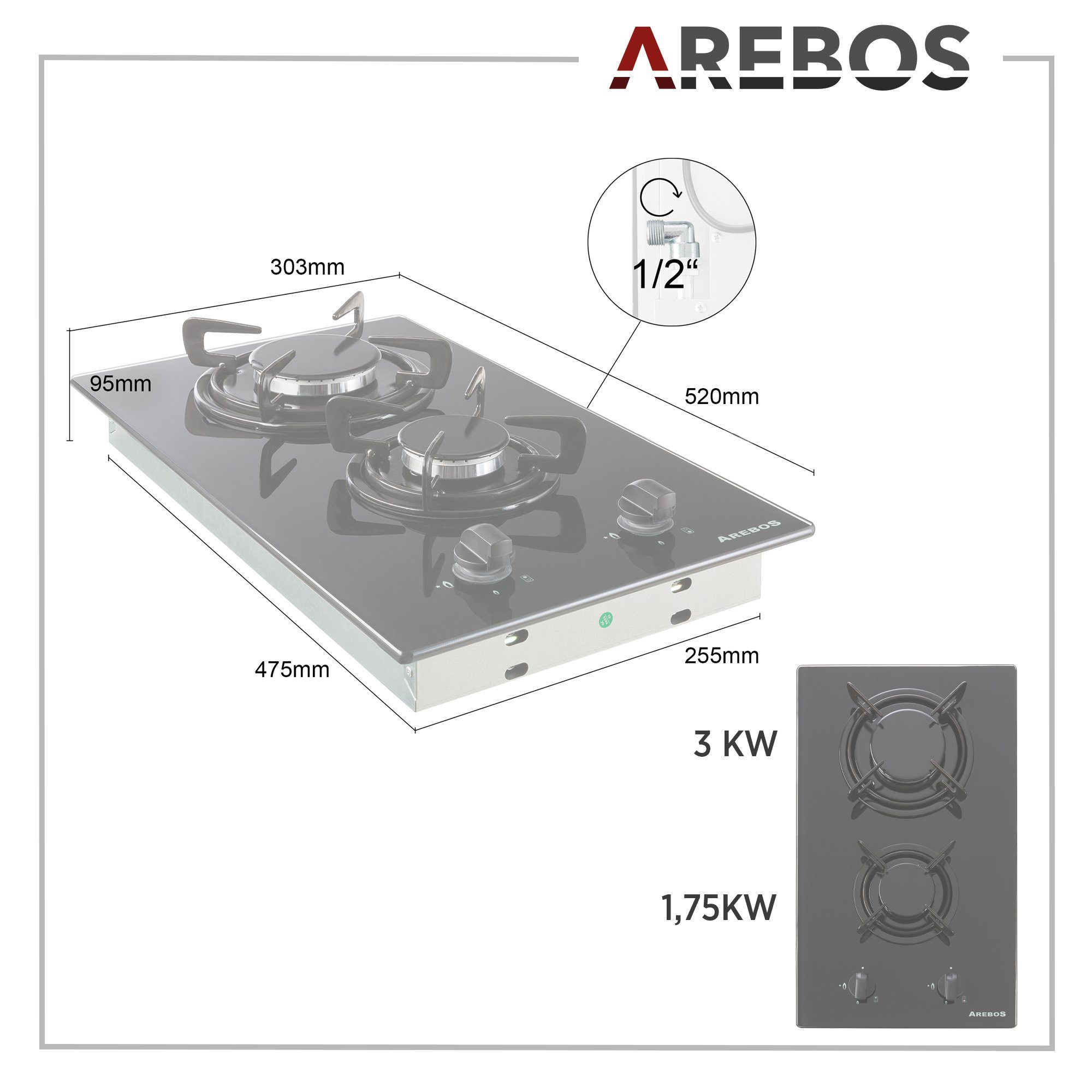 Arebos Gas-Kochfeld Glas 30cm AR-HE-GH30CM, Geeignet für Erdgas und Propangas, Gaskochfeld Gasherd