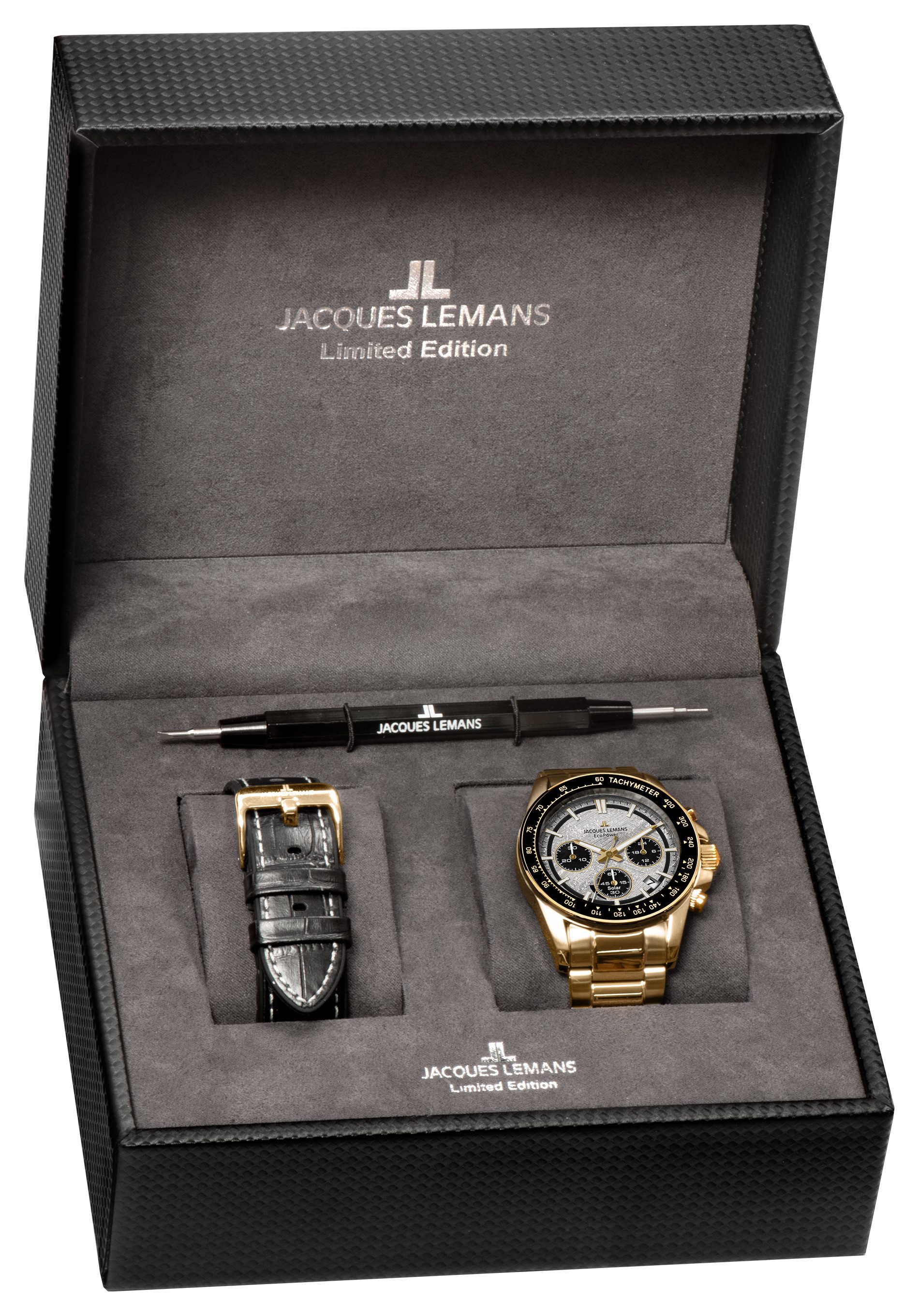 Jacques Lemans Chronograph Eco Power Limited Edition 50-10F, (Set, 3-tlg., mit Wechselwerkzeug und -band), Armbanduhr, Solar, Herrenuhr, Edelstahlarmband