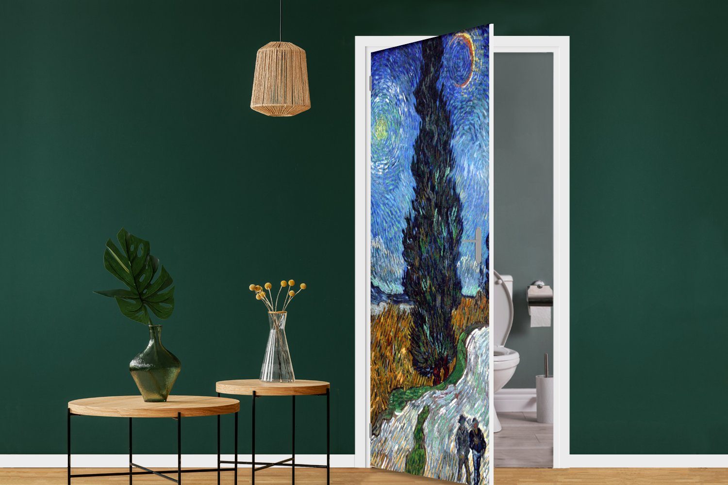 MuchoWow Türtapete Straße mit Zypresse Tür, - St), Stern Vincent (1 für van 75x205 cm Türaufkleber, Matt, bedruckt, und Fototapete Gogh