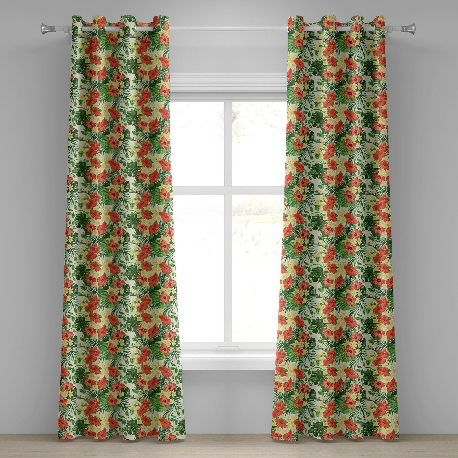 Gardine Dekorative 2-Panel-Fenstervorhänge für Schlafzimmer Wohnzimmer, Abakuhaus, Tropisch Exotische Blumen-Muster | Fertiggardinen