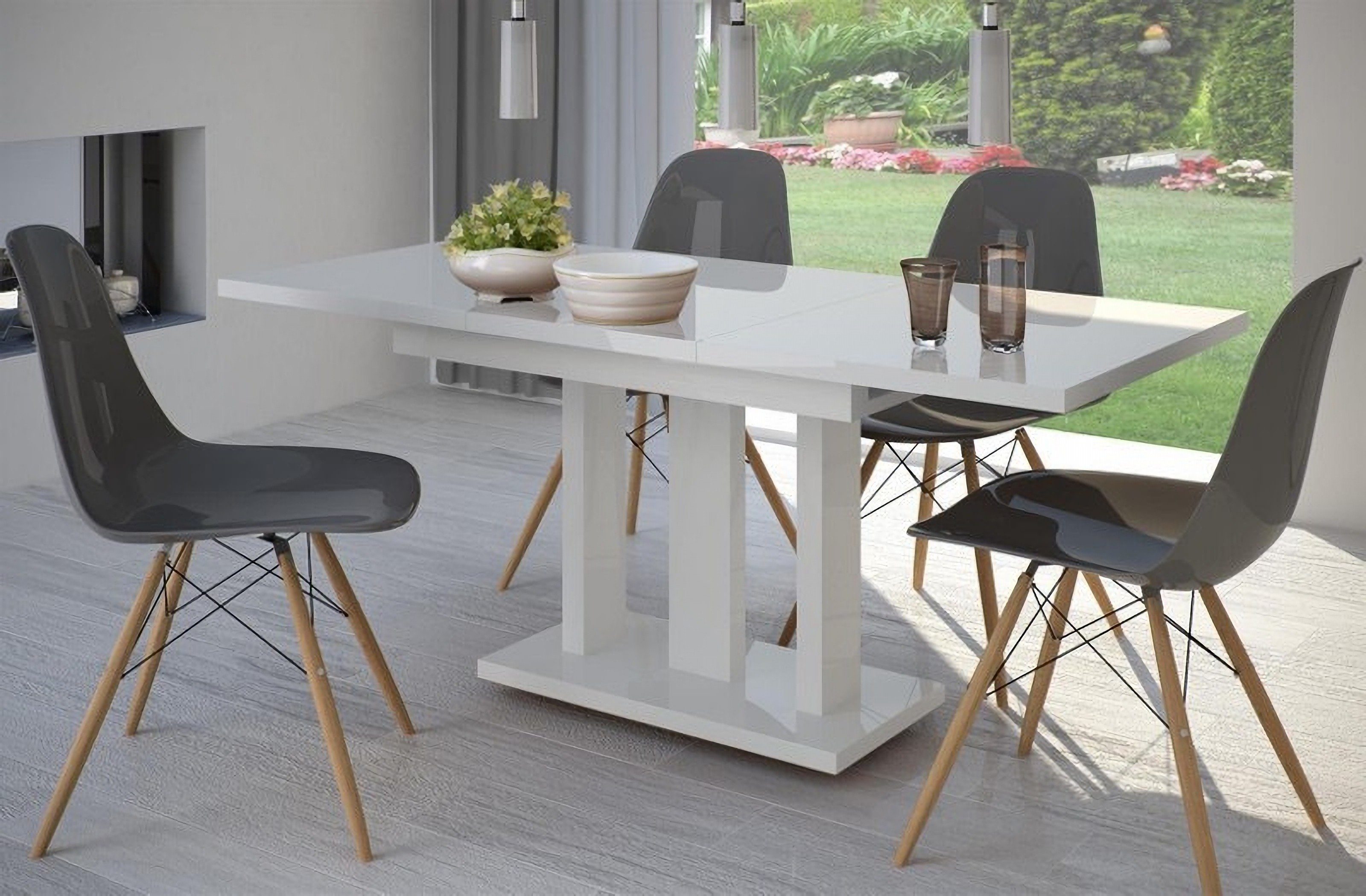 "Appia Säulen-Esstisch 130-210cm modern Weiss Küchentisch, Weiß Endo-Moebel Hochglanz erweiterbar, ausziehbar Hochglanz, White" Säulentisch,