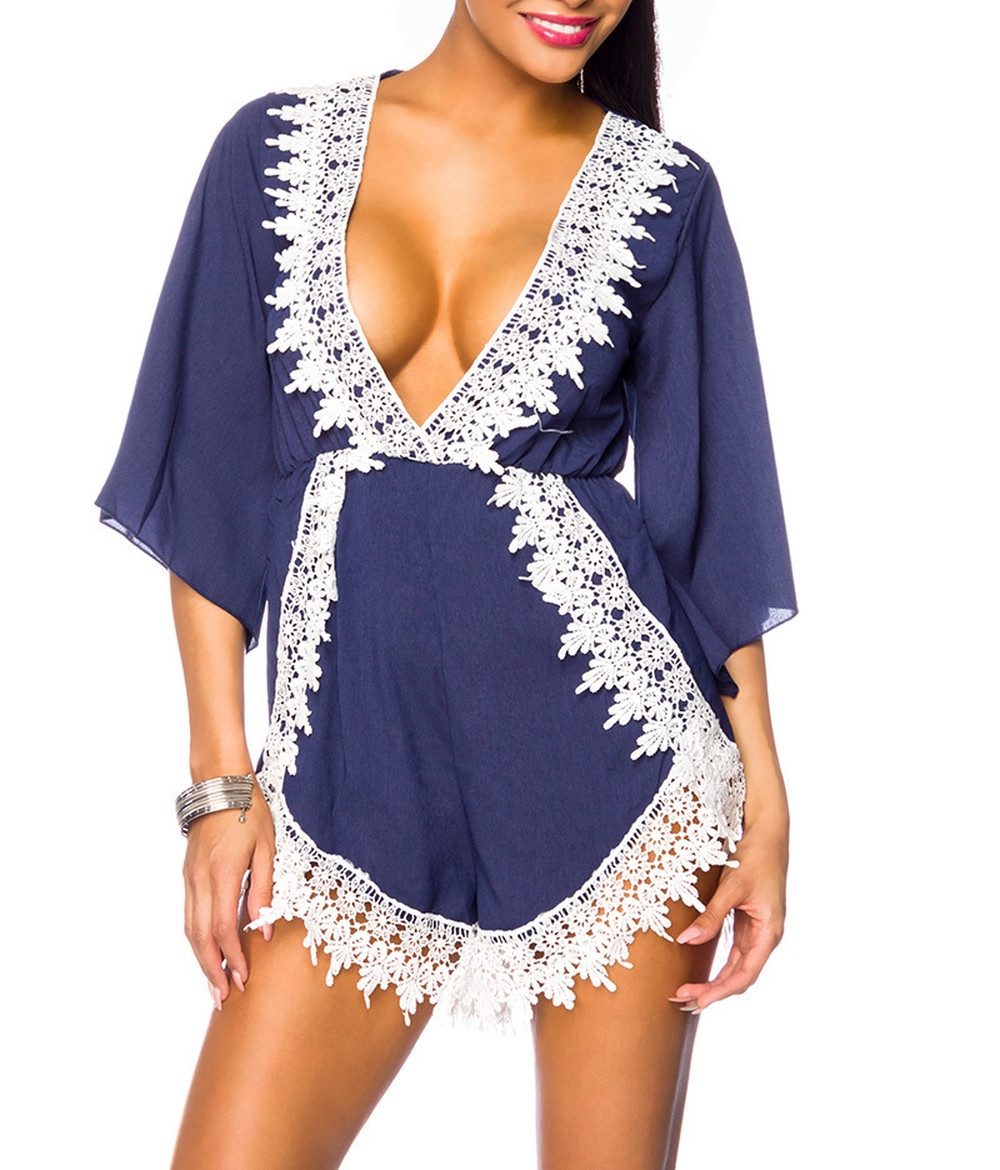 Atixo Minikleid Damen Jumpsuit Strandkleid mit Häkelbesatz und Spitze Sommerkleid mit