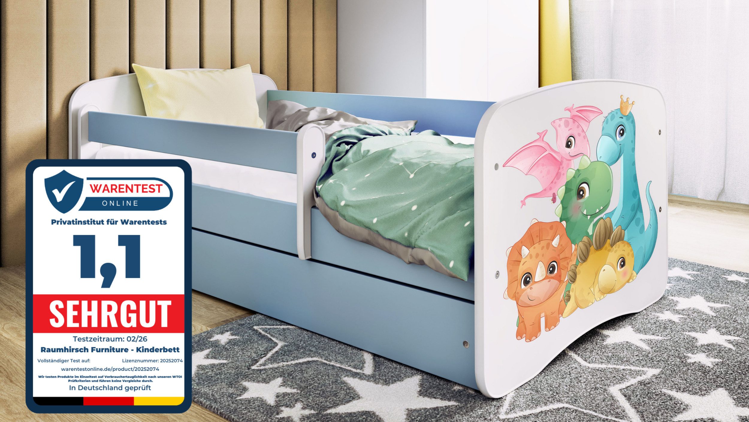 Raumhirsch Furniture Kinderbett 70x140, 80x160, 80x180 cm - Komplettset mit Schublade (Bett für Mädchen, Einzelbett Kinder 2–12, mit Rausfallschutz & Lattenrost), verschiedene Farben & Designs