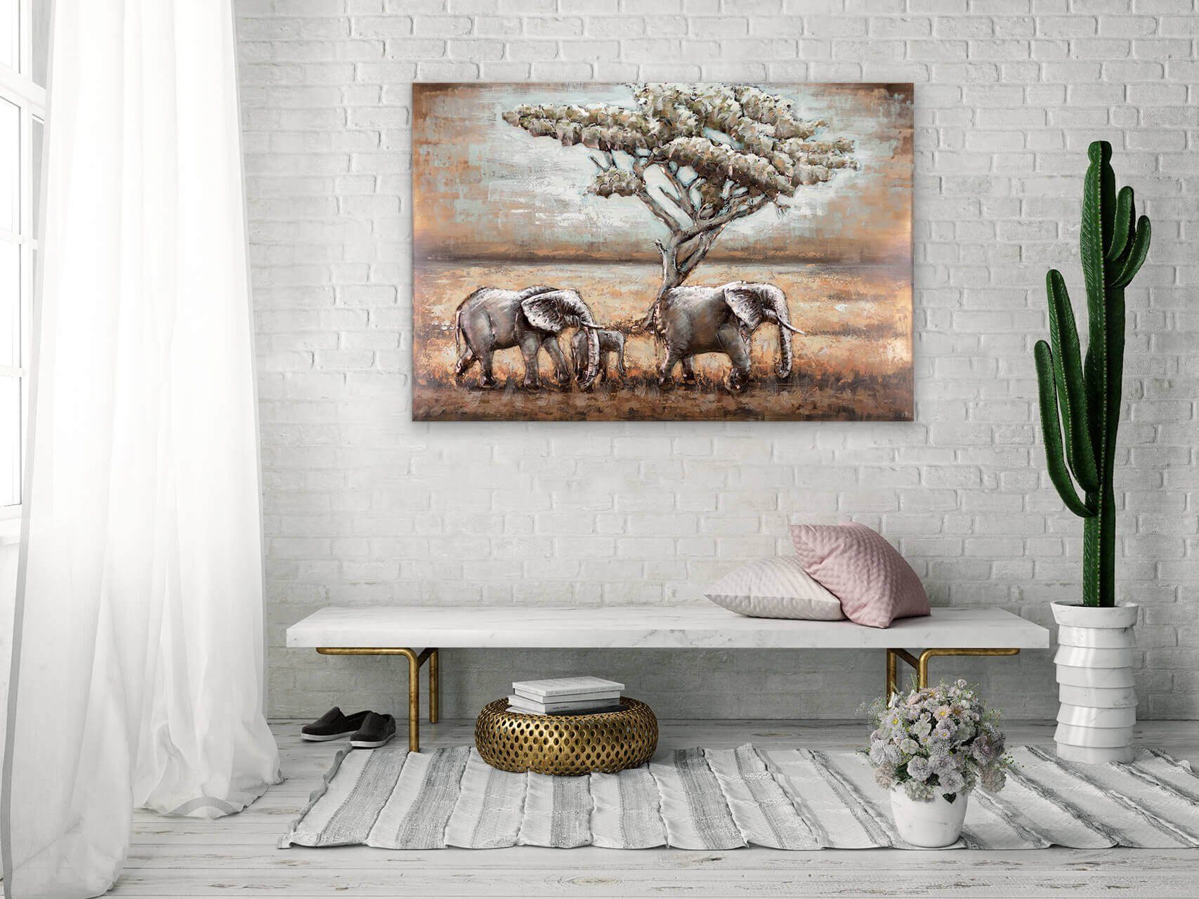 Wandrelief KUNSTLOFT 120x80 Metallbild handgefertiges Afrika 3D in cm, Elefanten