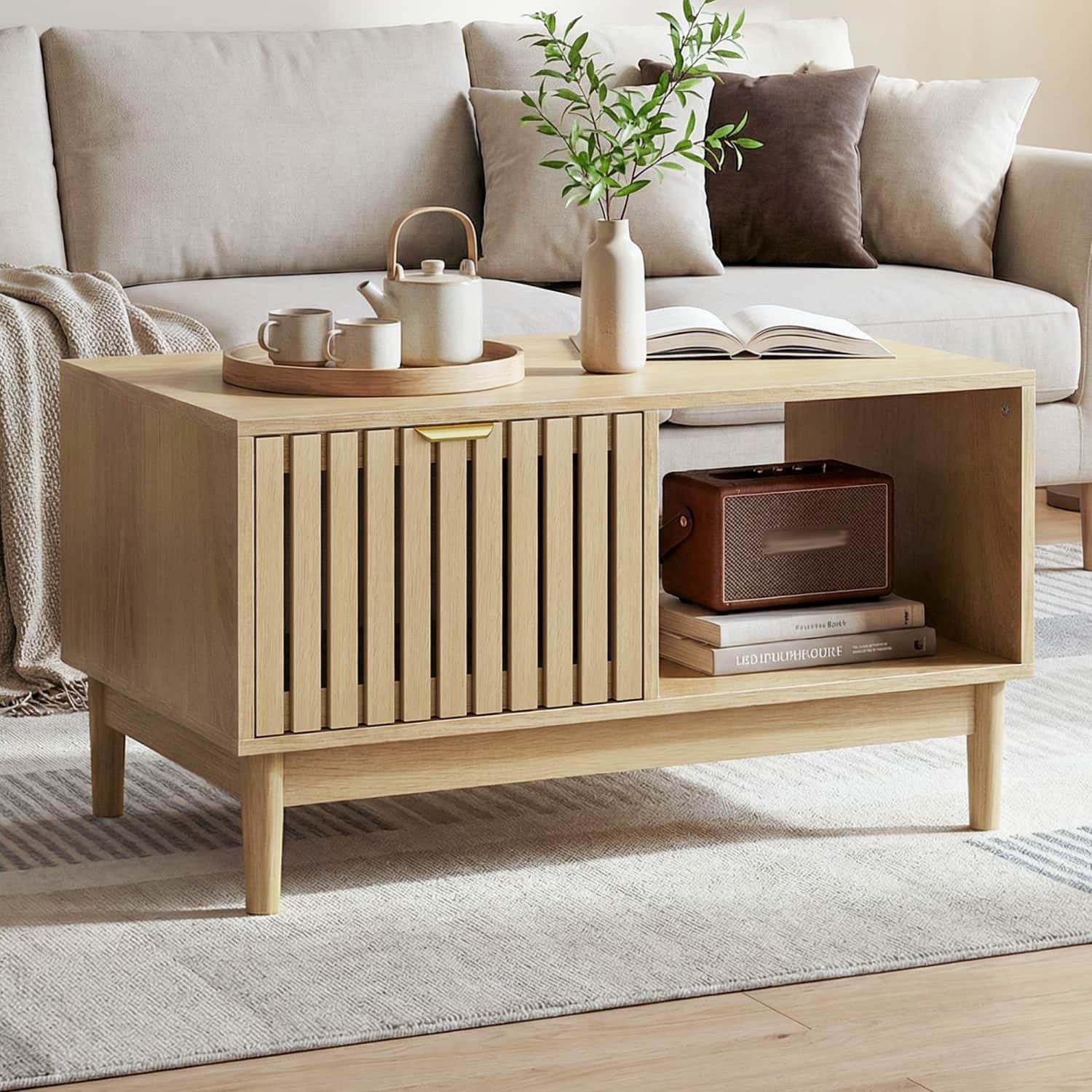 ANYSUN Couchtisch mit Schublade,offenen Stauraum,wohnzimmertisch mit MassivholzBeinen (1-St., 1 Couchtisch), mit Leichtgängige Gleitschiene,80x50x45cm,80kg Tragfähigkeit