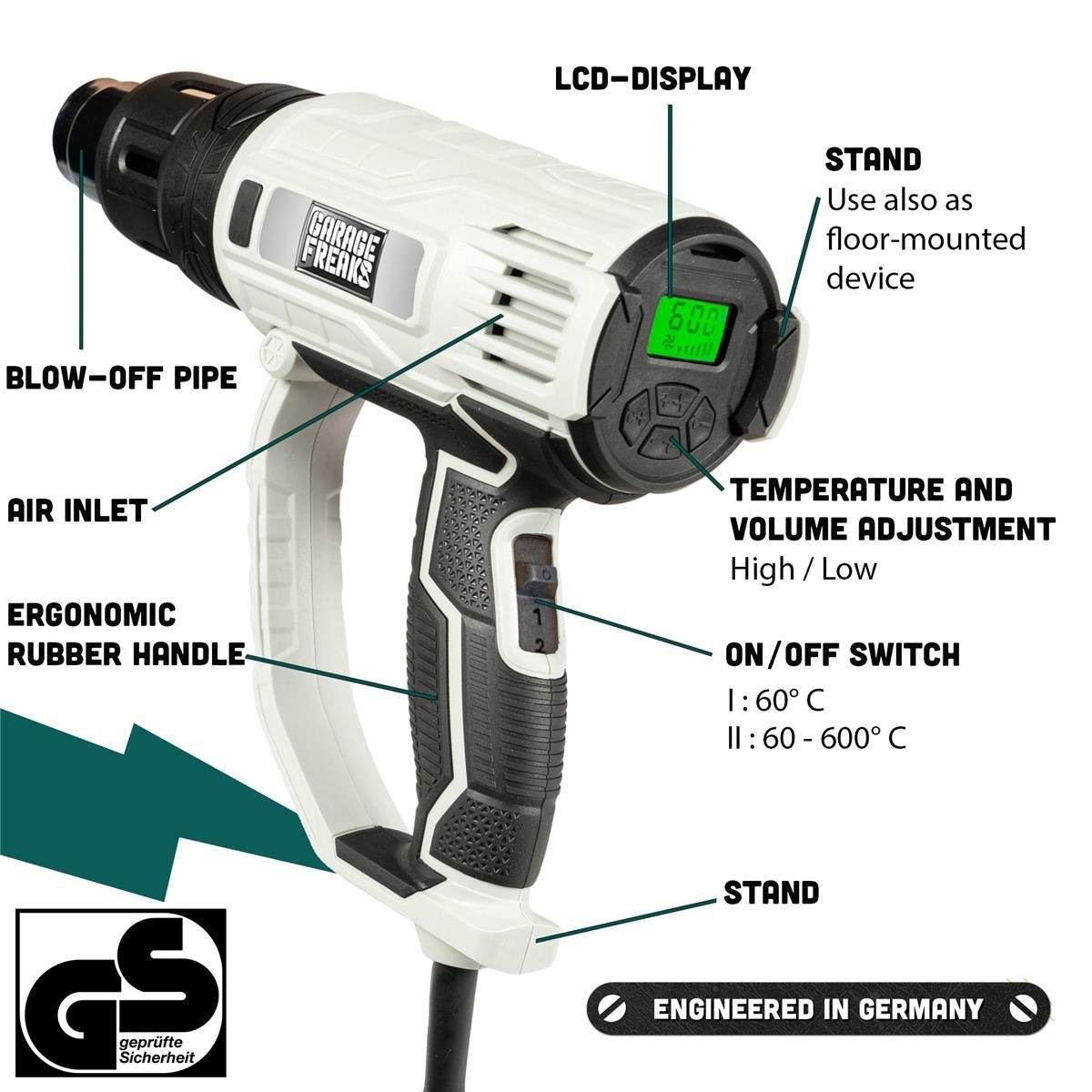 Garage Freaks Heißluftgebläse Heißluftpistole mit 5 M Kabel, LCD-Anzeige, 60-600° C, 2000 in W, bis max. 600 °C, Heißluftfön mit Display - 2000W - Gebläse