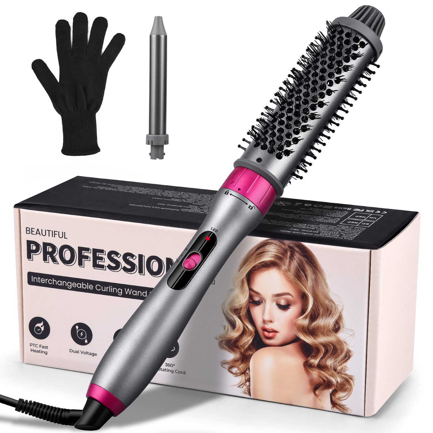 JVJH Lockenstab 2 in 1 Lockenstab Set mit 25mm Lockenstab/32mm Lockenbürste für Locken, Keramikbeschichtung, Kostenlose Handschuhe,Für alle Haartypen geeignet