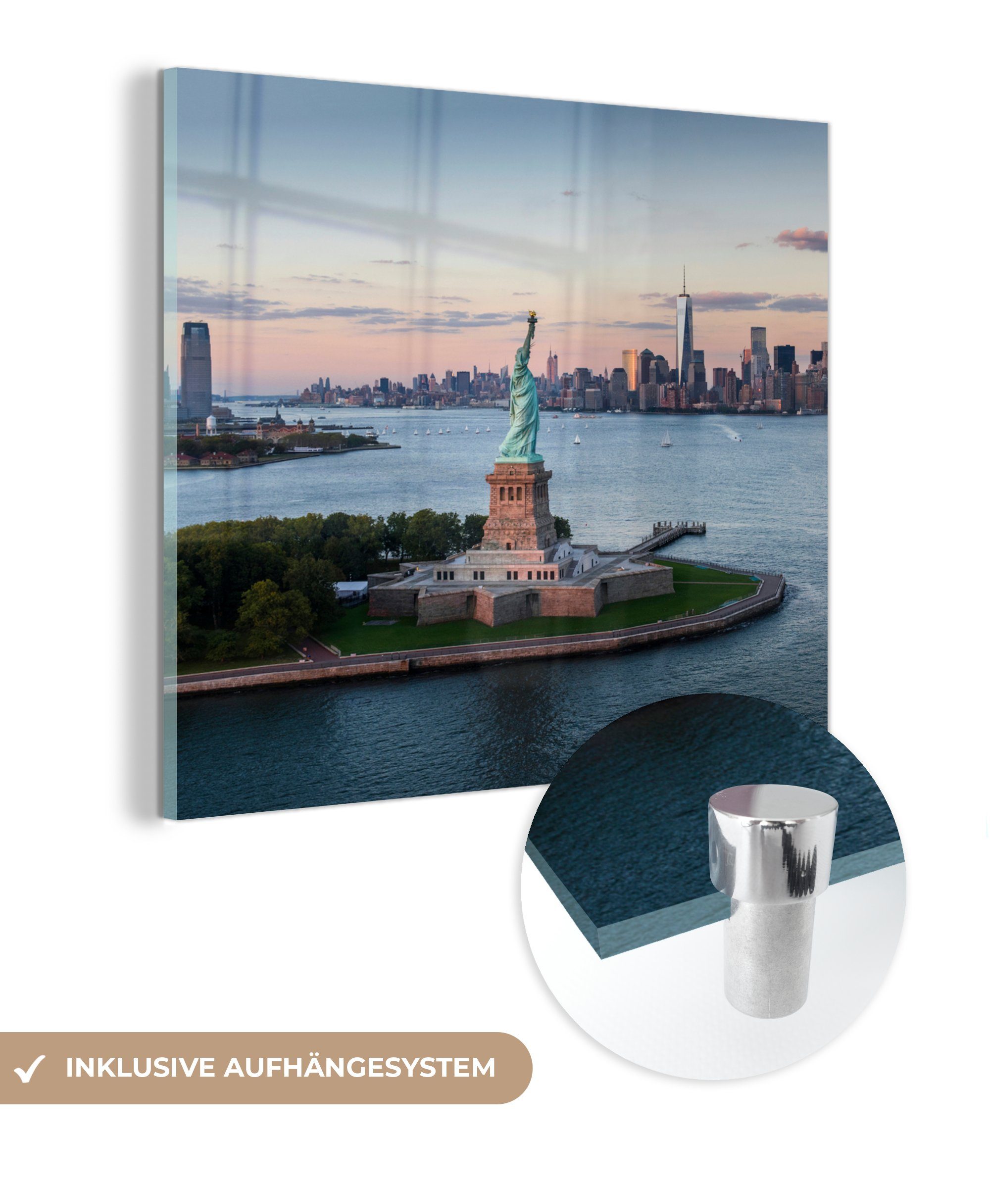 Acrylglasbild St), - mit Wanddekoration MuchoWow Yorker auf Glas Freiheitsstatue auf Bilder Foto Wandbild Skyline, Glas (1 Glasbilder - - New