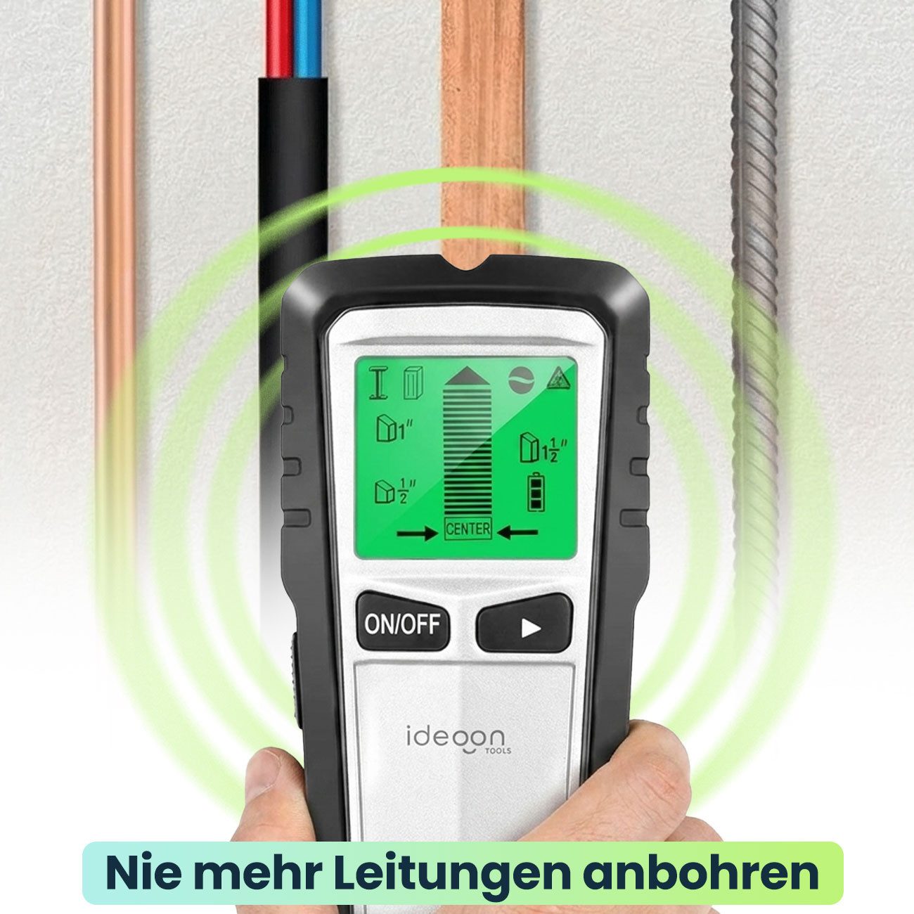 shop'n smile ideoon Leitungsortungsgerät Wandscanner & Ortungsgerät 5-in-1 mit Display & Warnsignal, Ortung von Metall, Strom & Holz, 140 g, 16,4 x 7,5 x 3,4 cm – Bild 4 von 5