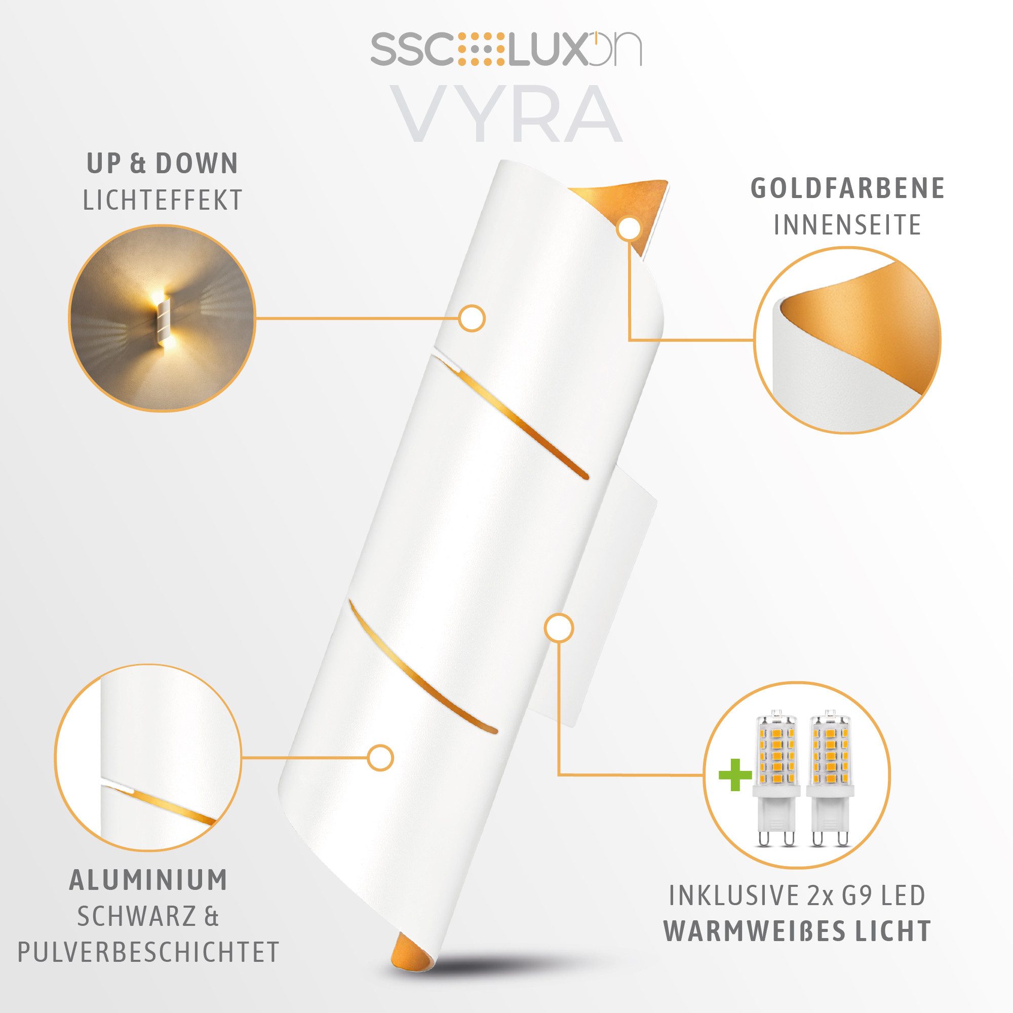 SSC-LUXon LED Wandleuchte VYRA LINE Wandleuchte Up & Down inkl. G9 LED 3W warmweiß Wandstrahler, Warmweiß
