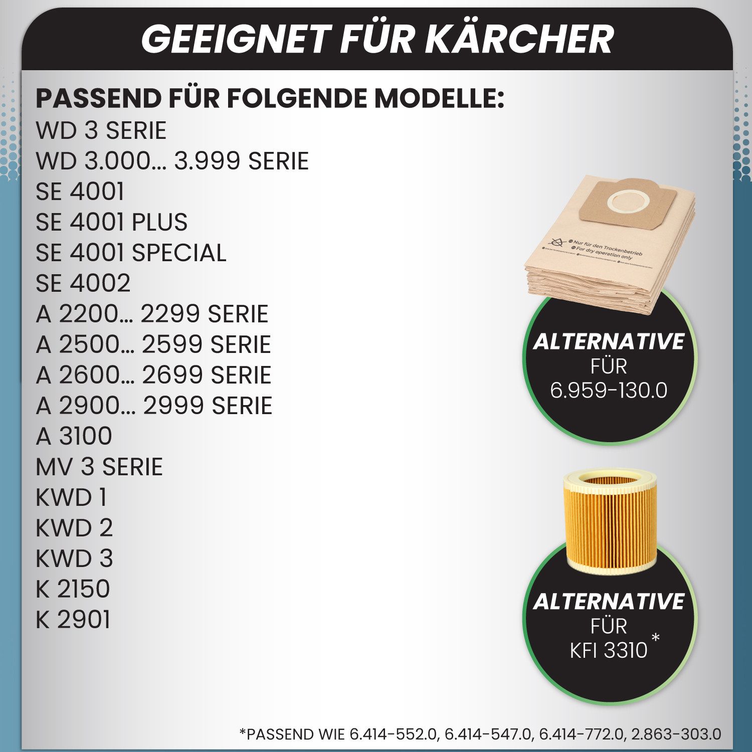 McFilter Staubsaugerbeutel (10 Stück) + 1 Filter, passend für Kärcher Nass- Trockensauger WD3 WD 3 P, 11 St., Alternative für 6.959-130.0 (Beutel), 6.414-552.0 (Patronenfilter)