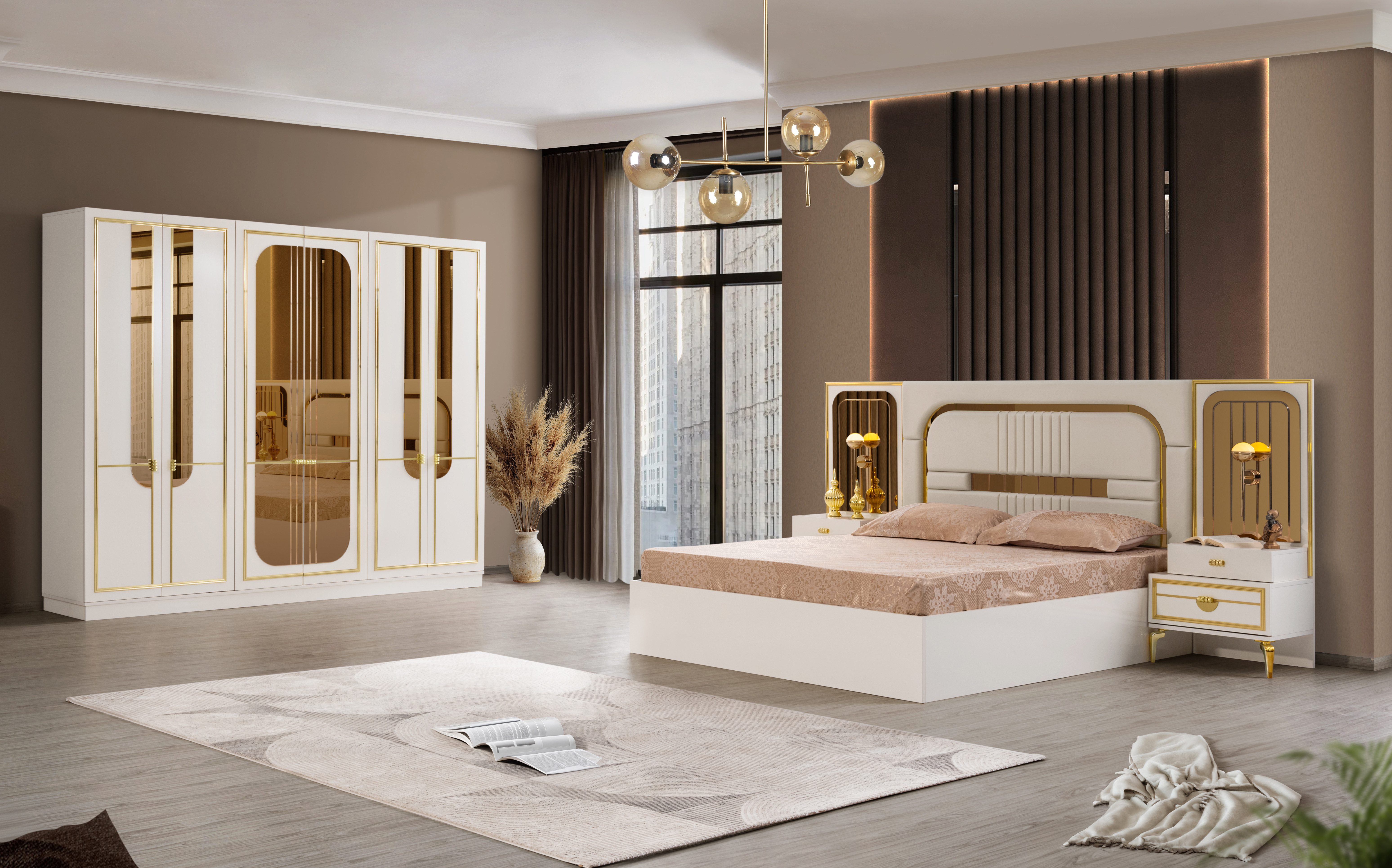 JulietHome Schlafzimmer-Set Trend, (Set, Kleiderschrank, Boxspringbett mit Nachttischen, Kommode mit Spiegel), Integrierte Bettlampen