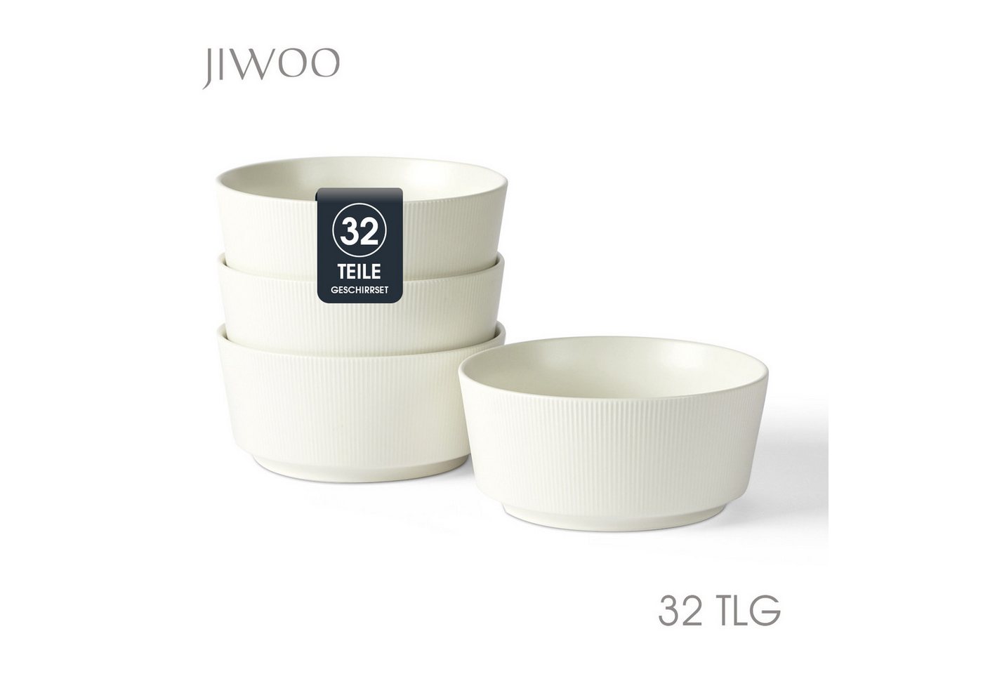 JIWOO Schüssel 4er Ø15,2cm, Müslischüssel Suppenschüssel Salatschüssel Dessertschale, Keramik, (Set, 32-tlg), Hochwertiges Schüsseln Weiß Mikrowellen spülmaschinenfest Ø15,2cm