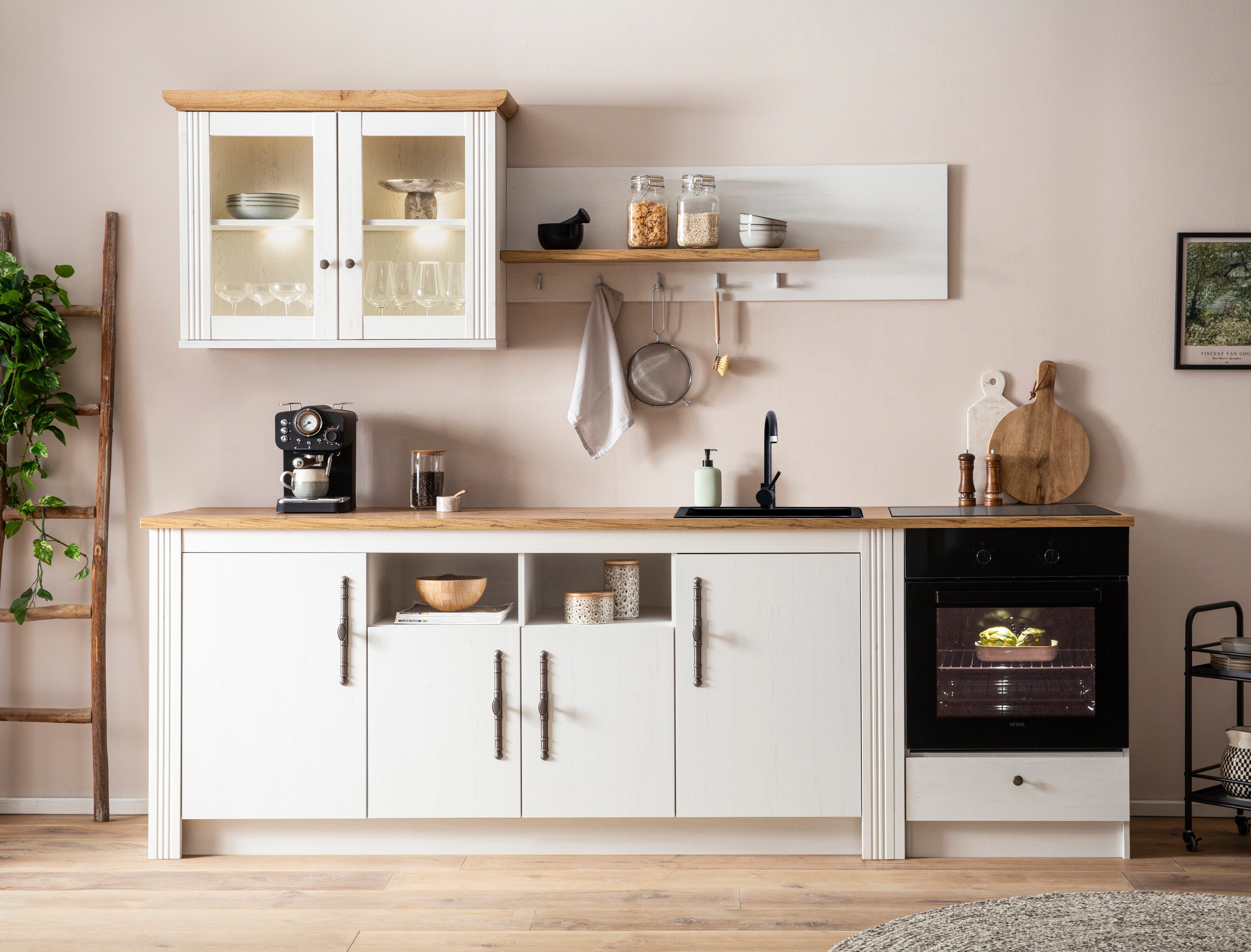 Meuble de cuisine OTTO KS-Westminster, style campagnard, poignées métalliques de haute qualité (ensemble), largeur 268 cm, comprenant un buffet, un panneau mural, un meuble haut et un meuble pour plaque de cuisson.