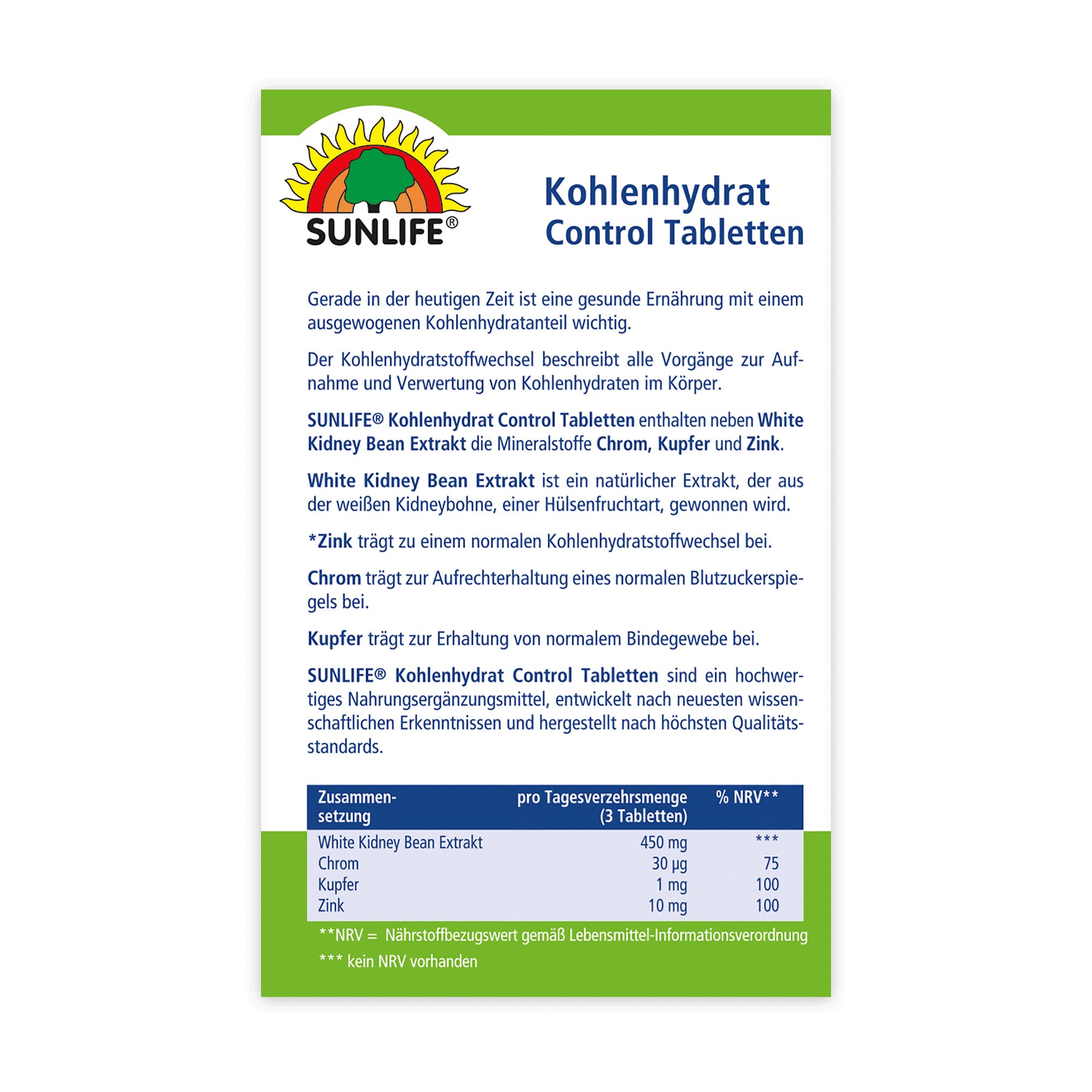 SUNLIFE SUNLIFE® Kohlenhydrat Control Tabletten Gewichtsverlust Diät Abnehmen Vor jeder Mahlzeit eine Tablette mit ausreichend Flüssigkeit einnehmen (3 Tabletten täglich)