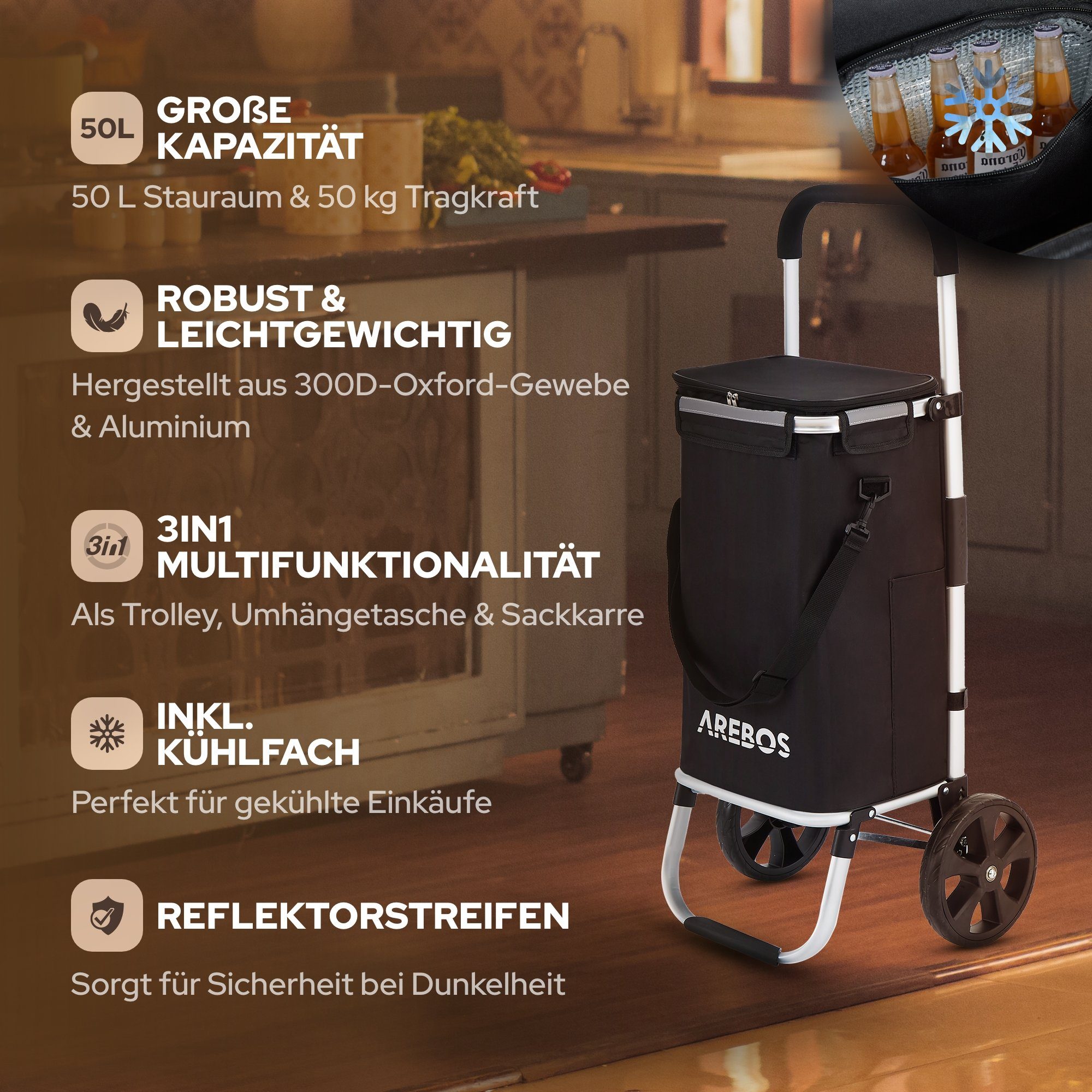 Arebos Einkaufstrolley 3-in-1 mit Kühlfach, klappbar 50 L & Tragkraft 50 kg, 56 l, integrierte Kühlfach