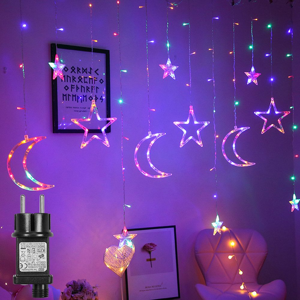 SERBASIC Lichterkette 3.5M Sterne Mond Lichtervorhang mit Stecker, 8 Modi, Timer, 31V, Für Fenster Garten Außen Weihnachtsdeko, Warmweiß & Mehrfarbig