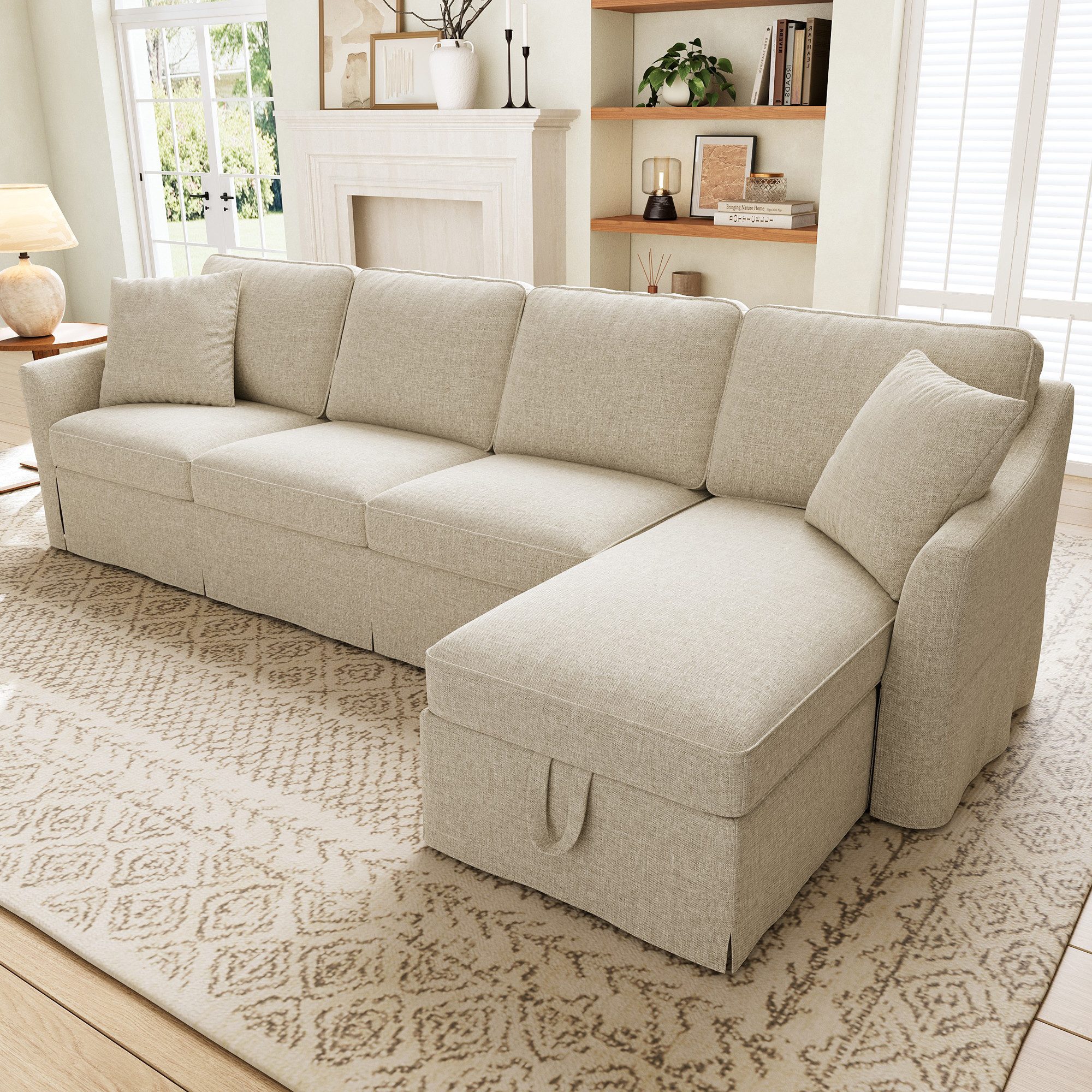 Flieks Ecksofa L‑Form Sofa mit Stauraum‑Chaiselongue, abnehmbar&waschbar Bezug, 274×128,5×83 cm, Ottomane mit Bettkasten, Schlaffunktion, 4-Sitzer Couch mit 2 Zierkissen Baumwolle‑Leinen‑Mischgewebe Beige