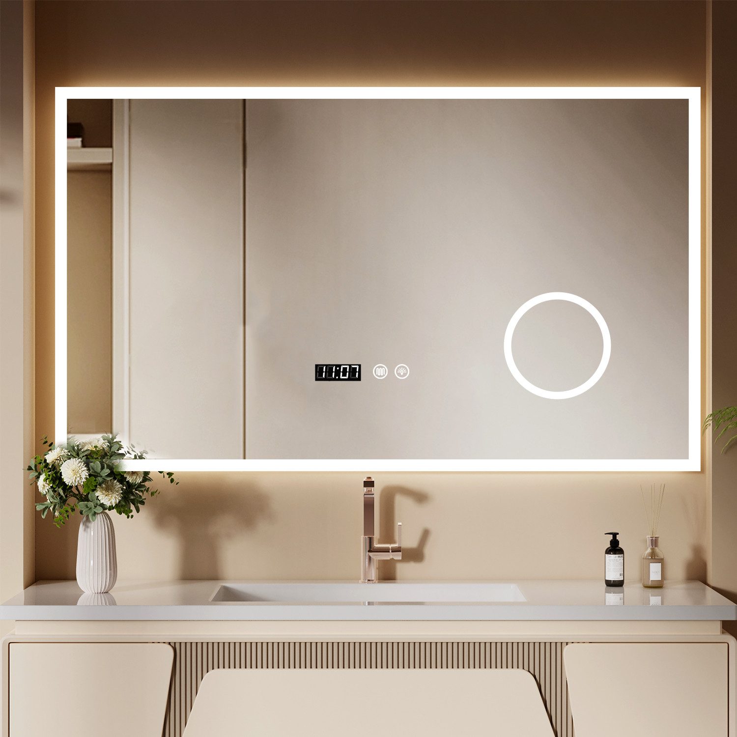 oyajia Badspiegel mit Beleuchtung LED Wandspiegel Antibeschlag Badspiegel 3X Spiegel, 3 Lichtfarben Dimmbare mit Touch-Steuerung, IP44, Memory Funktion, Uhr – Bild 3 von 5