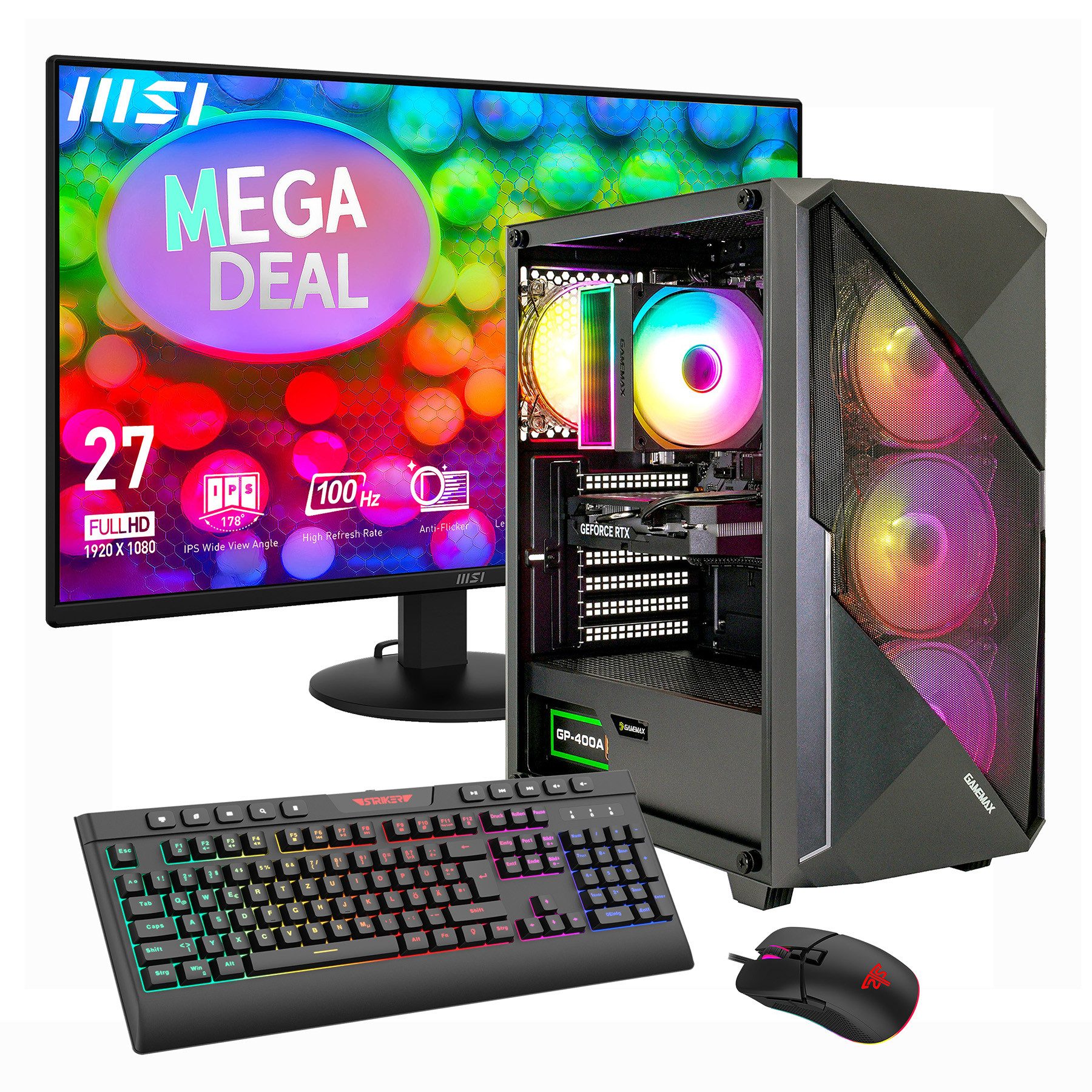 GAMEMAX MegaDeal Striker 2825 AMD Ryzen 7 5700X 16GB 480GB SSD RTX 5060 Gaming-PC-Komplettsystem (27", AMD Ryzen 7 5700X, RTX 5060, 16 GB RAM, 480 GB SSD, Windows 11 + MSI PRO MP272L LCD-Monitor, 68,6cm (27)
