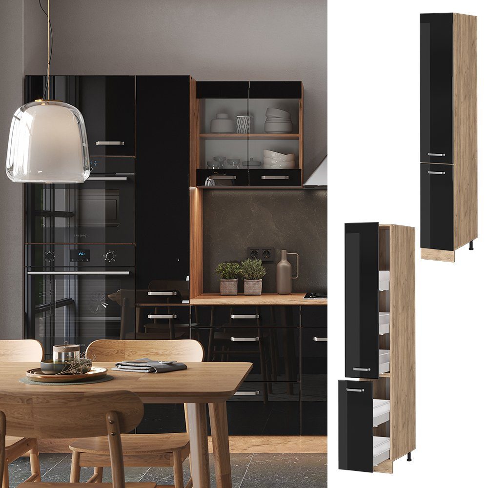 Vicco Hochschrank R-Line, Schwarz Hochglanz/Goldkraft Eiche, günstig online kaufen
