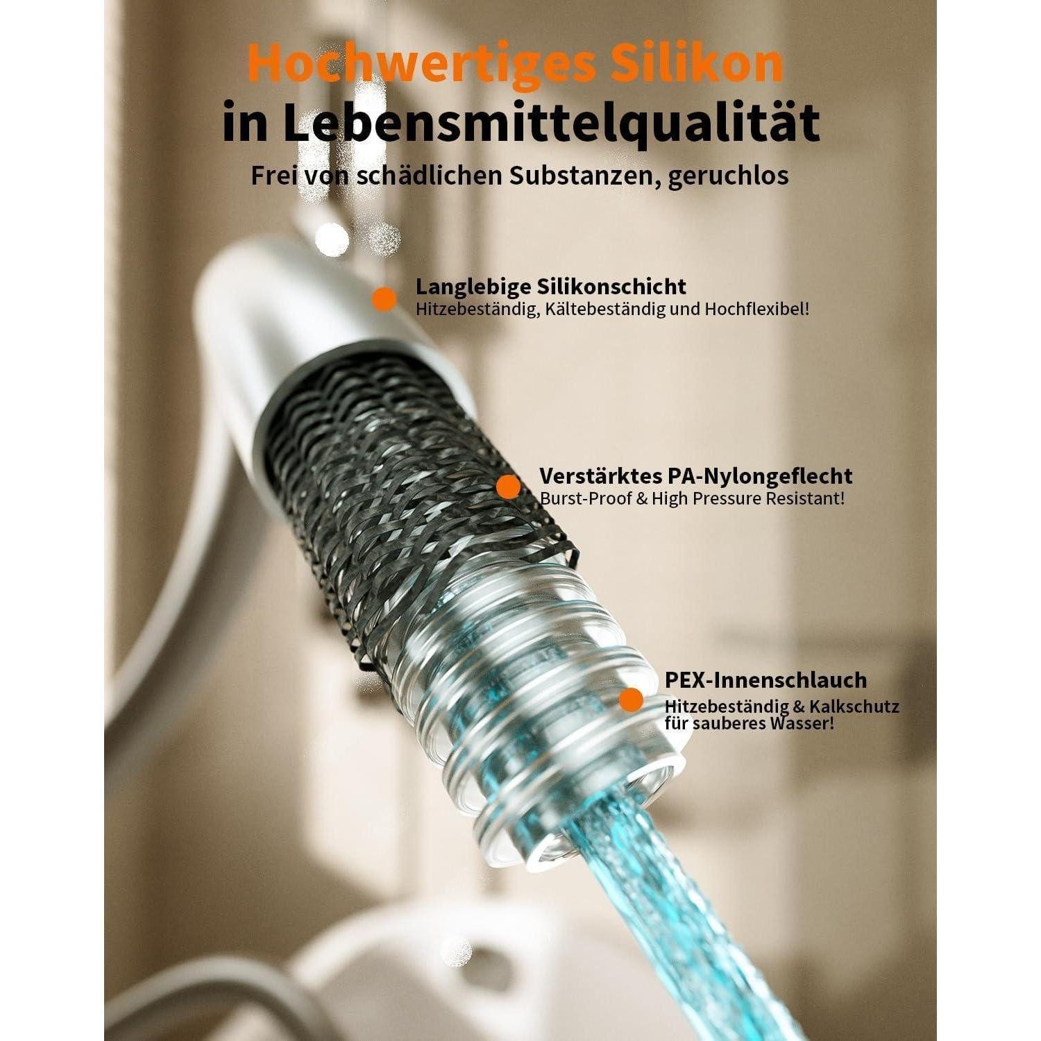 LuxusKollektion Brauseschlauch Duschschlauch 2m Silikon Verdrehschutz Knickschutz Silber Chrom – Bild 2 von 5