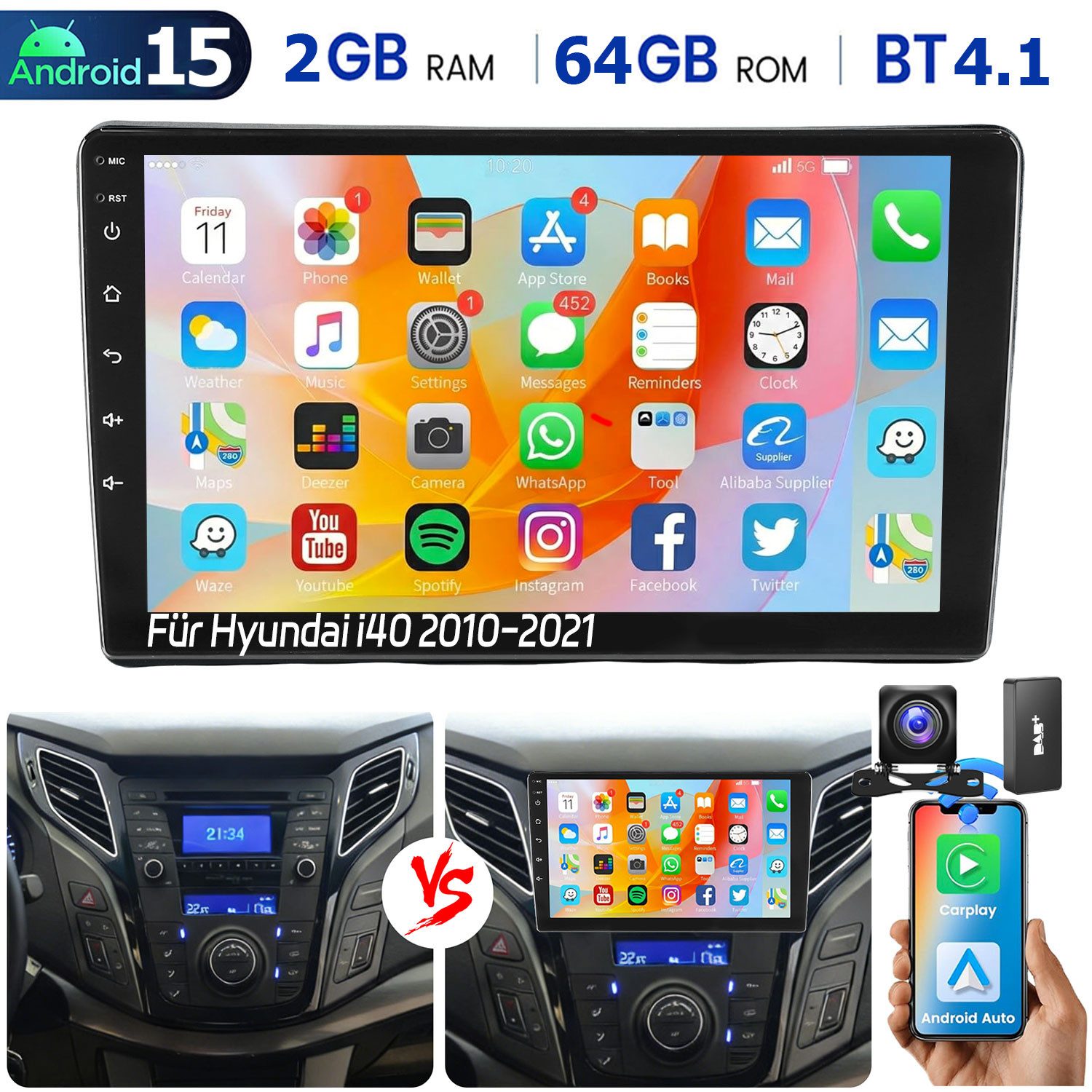 ESSGOO DAB+ Carplay Android15 Autoradio Für Hyundai i40 2011-19 GPS NAVI WiFi Autoradio (DAB (optional), DAB+ (optional), 4+64GB(optional), RDS, AM, FM, Carplay Android Auto Bluetooth EQ USB GPS Navi WIFI Touchscreen)