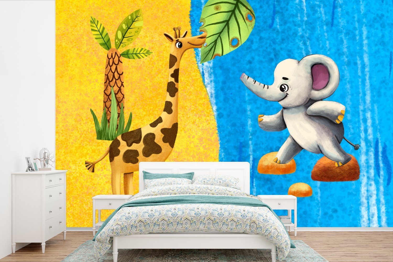 MuchoWow Fototapete Elefant - Giraffe - Wasser, Matt, bedruckt, (6 St), Wallpaper für Wohnzimmer, Schlafzimmer, Kinderzimmer, Vinyl Tapete