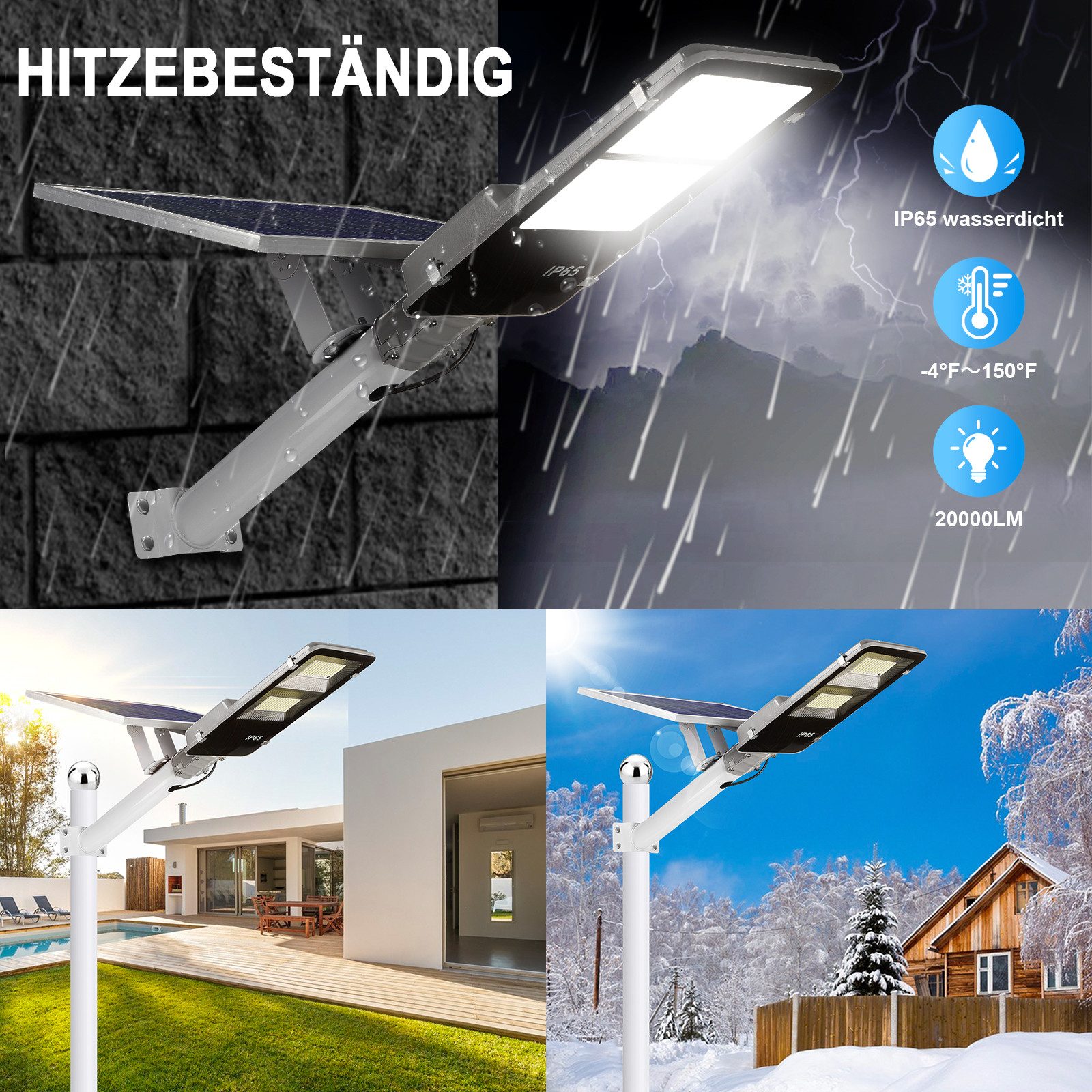 LMaxhome LED Solarleuchte Straßenlaterne Tageslichtweiß mit Fernbedienung Wasserdicht für Garten, 233 LEDs, LED fest integriert, 6500K 805LEDs Solarlampen LED fest integriert 20/25W Wandleuchte Außen