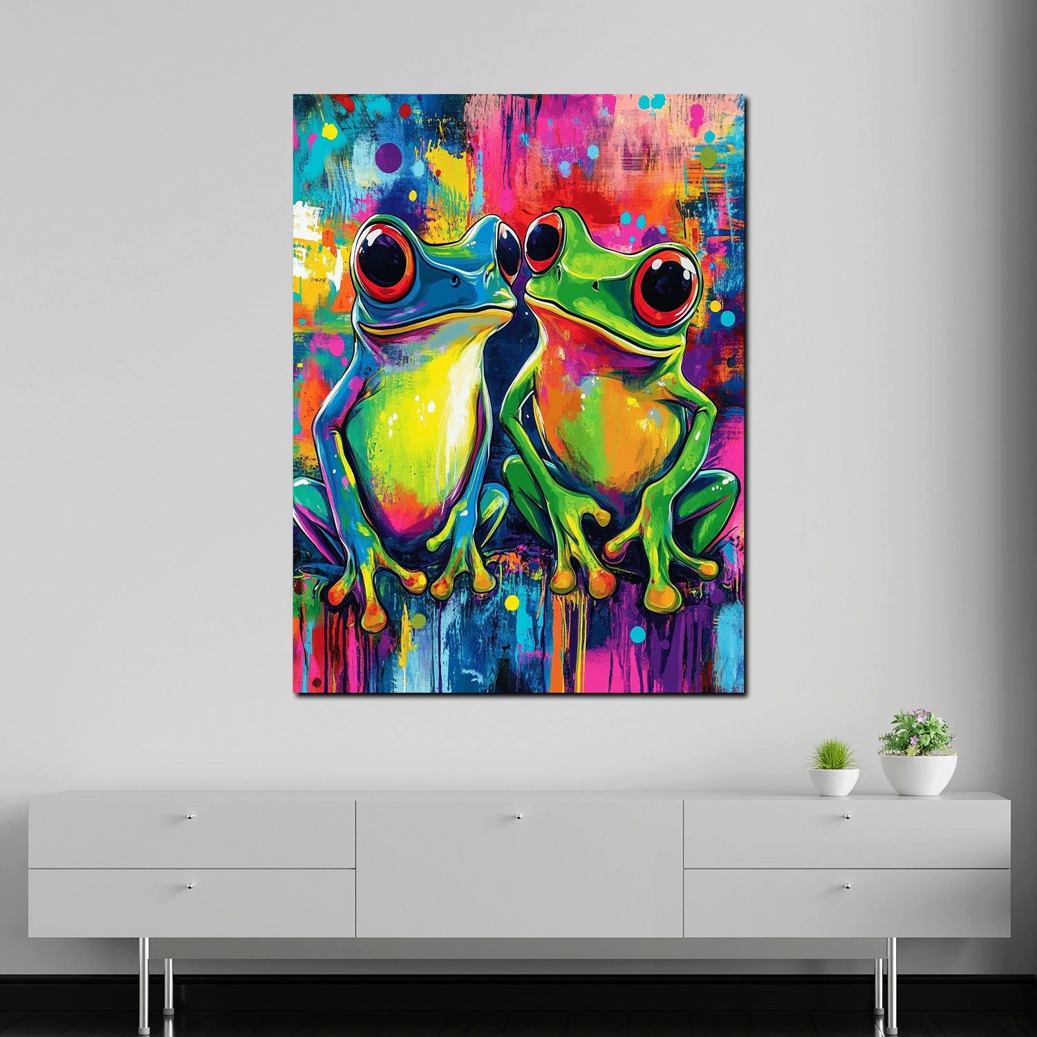 Artedinoi Leinwandbild Pop Art Froschpaar knallig modern Leinwandbild Wandbild Kunstdruck XL, Froschpaar, knallbunt