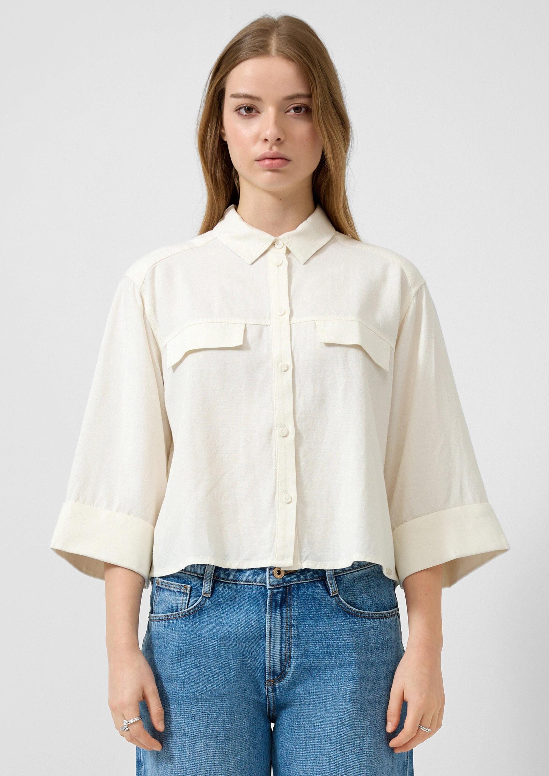 QS Kurzarmbluse Bluse Leinenmix-Bluse