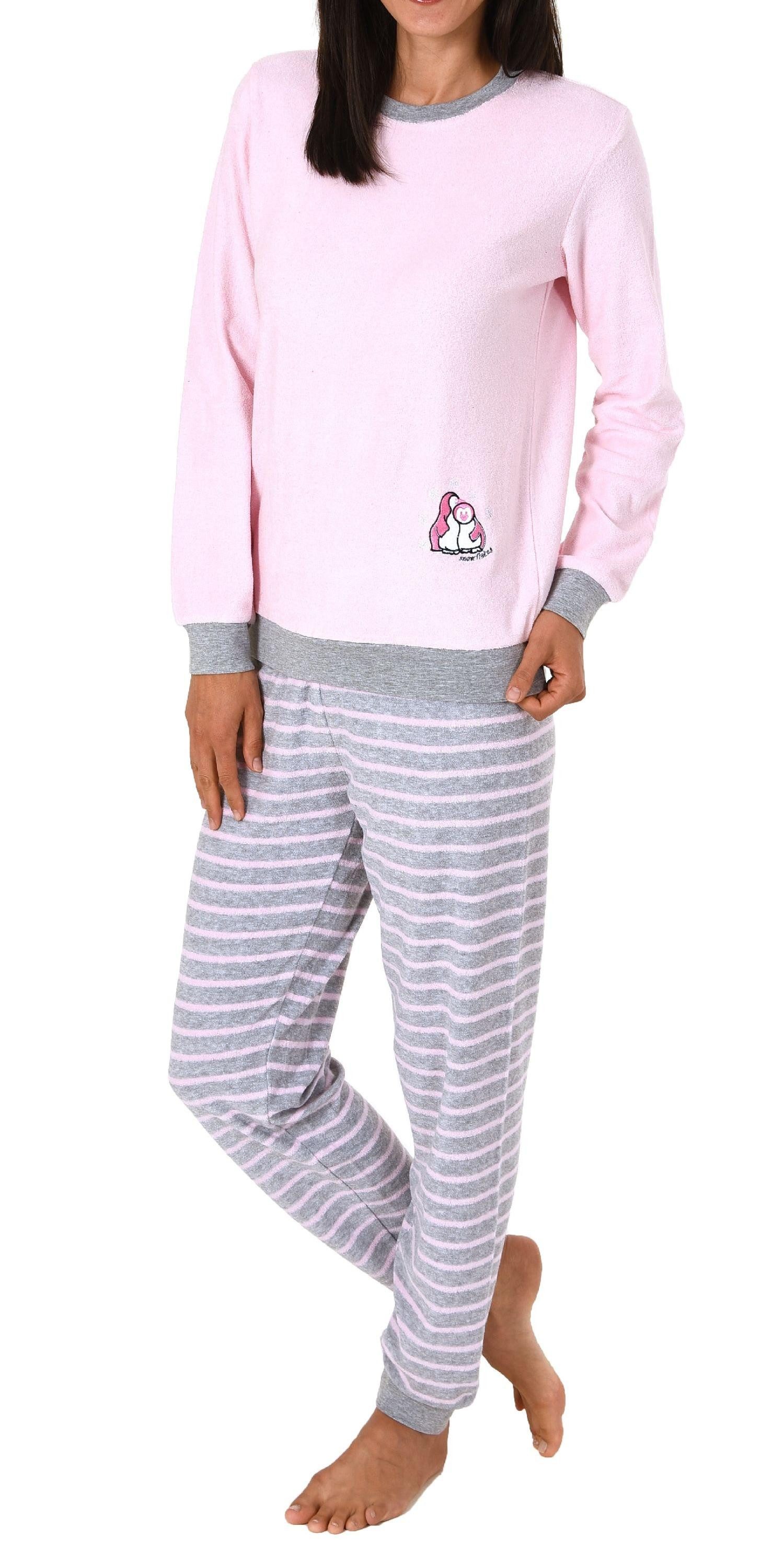 Normann Pyjama Damen Frottee Pyjama langarm mit Bündchen und Pinguin Stickerei