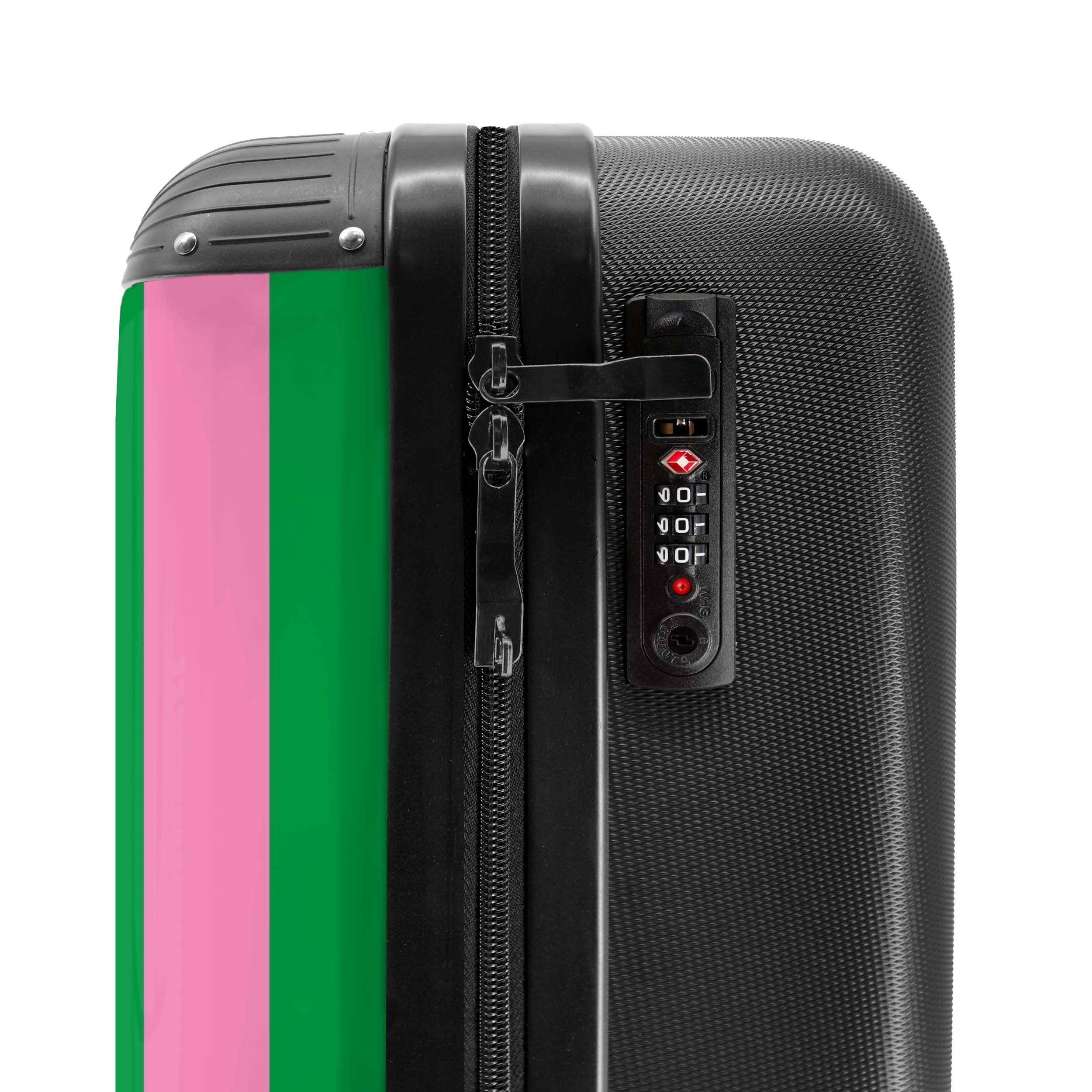 NoBoringSuitcases.com© Hartschalen-Trolley Grüne und rosa Streifen mit dem Spruch 'que sera sera' 55x35x20cm, 4 Rollen, Handgepäck Koffer & Trolleys, Luggage, Reisekoffer Frauen