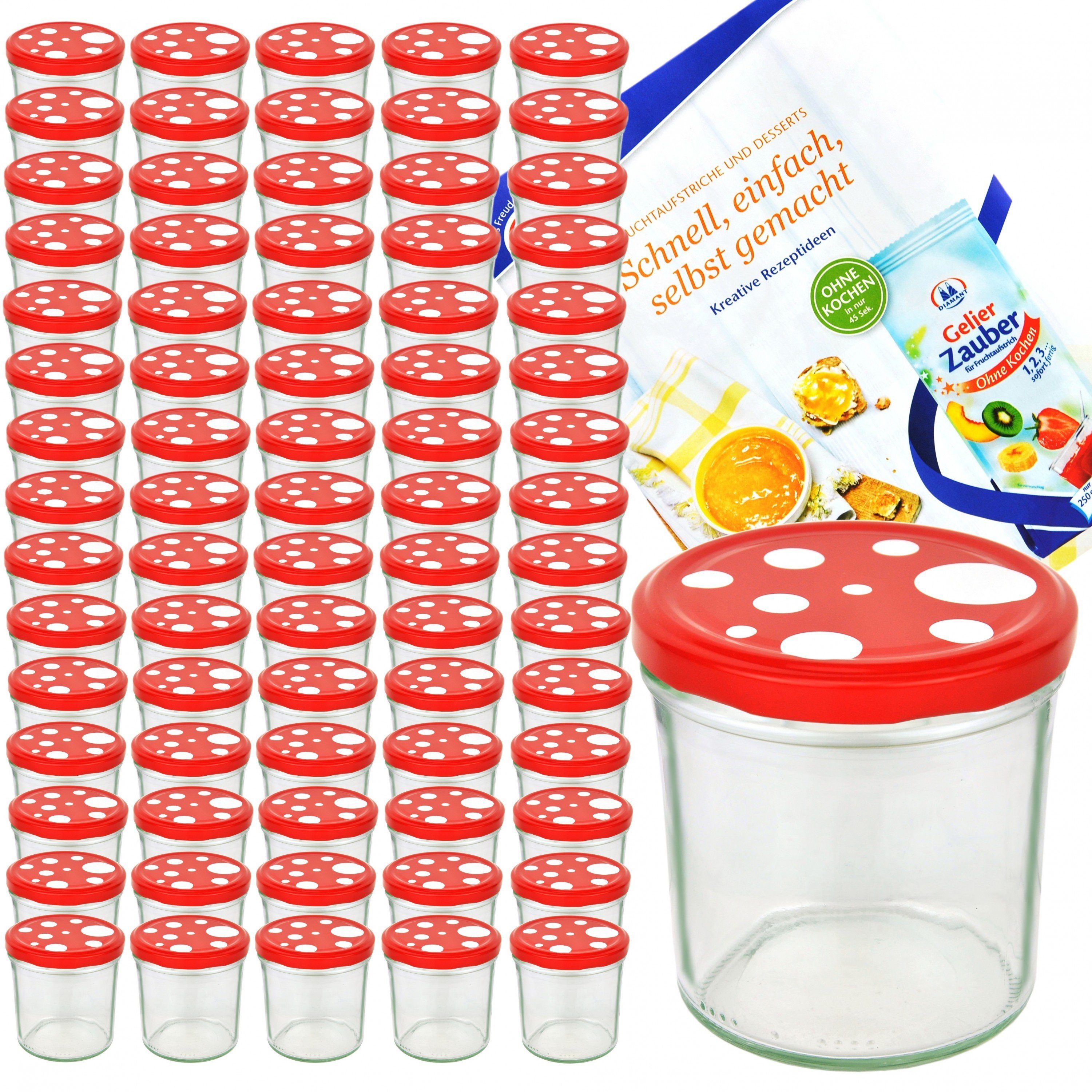 MamboCat Einmachglas 75er Set Sturzglas 350 ml To 82 Fliegenpilz Deckel rot weiß gepunktet, Glas