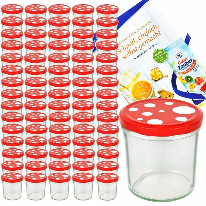 MamboCat Einmachglas 75er Set Sturzglas 350 ml To 82 Fliegenpilz Deckel rot weiß gepunktet incl. Diamant Gelierzauber Rezeptheft
