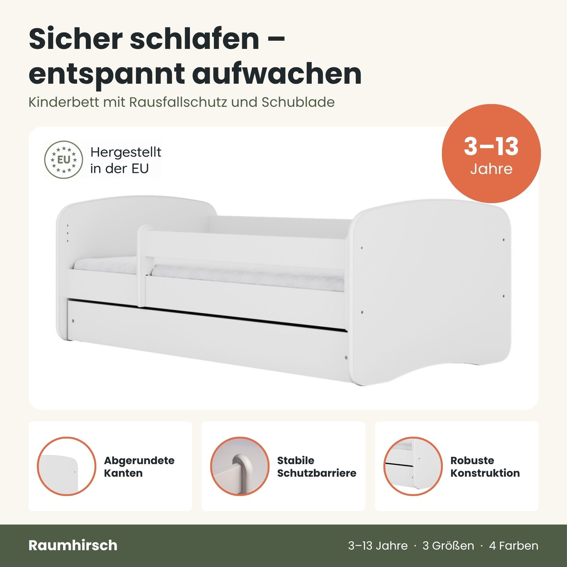 Raumhirsch Furniture Kinderbett 70x140, 80x160, 80x180 cm - Komplettset mit Matratze & Schublade (Bett für Jungs, Einzelbett für Kinder 2–12 Jahre mit Rausfalls – Bild 3 von 5