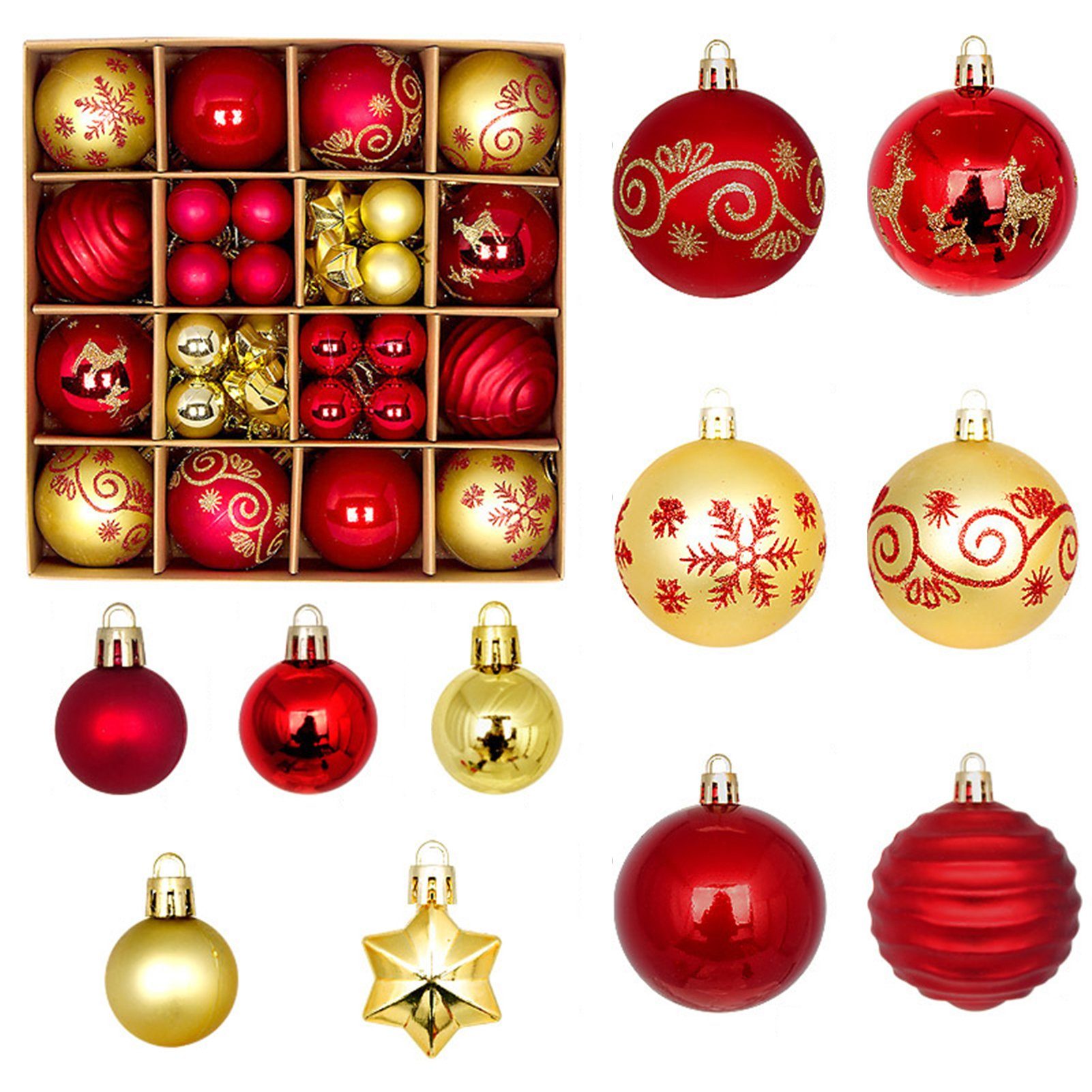 Rutaqian Weihnachtsbaumkugel Weihnachtskugeln, 44 Stück/Set Geschenkbox Weihnachtskugel Farbkugel 3-6cm Rot-Weiß-Weihnachtsball-Ornament, D Plastik aus Set