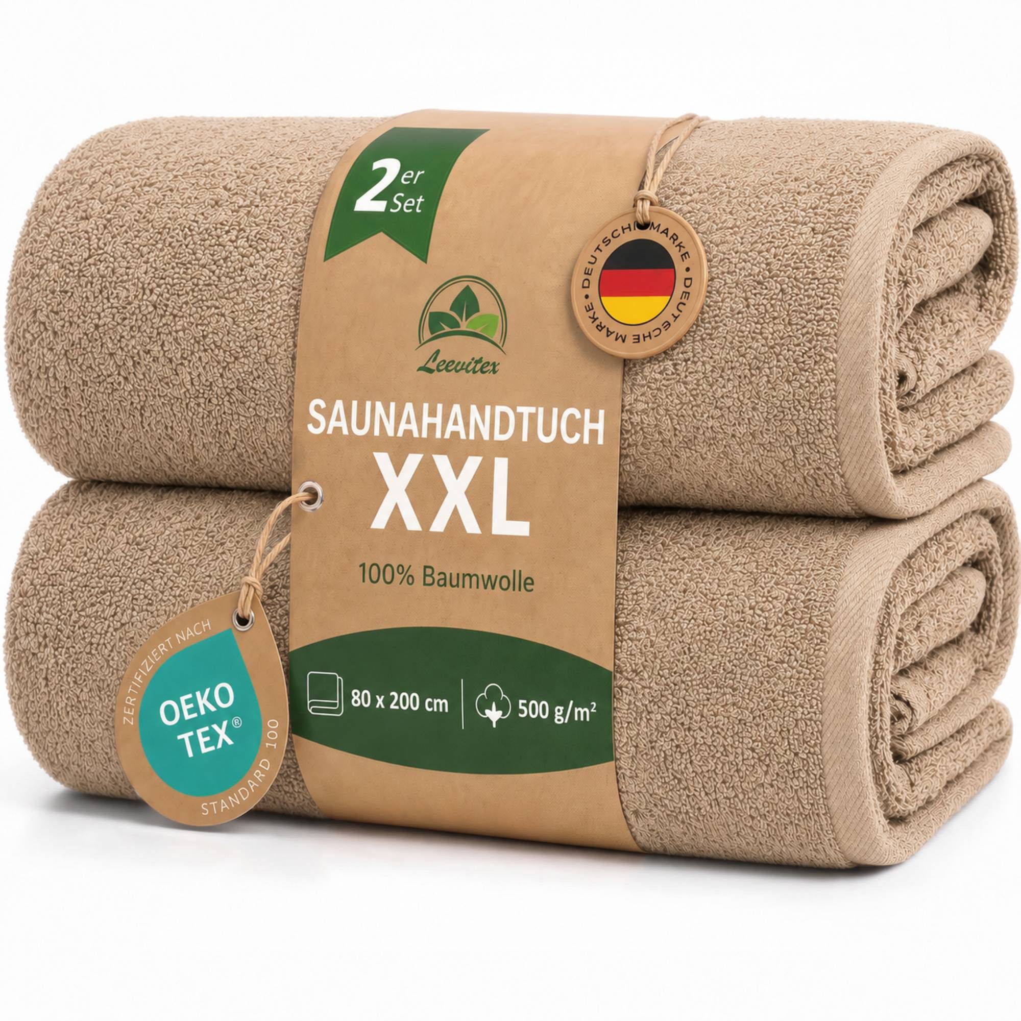 leevitex® Saunatuch, 80x200 cm, 100% Baumwolle, saugstark und fusselfrei, Frottee (Set, 2-St), OEKO-TEX® STANDARD 100 zertifiziert, gestreifte Bordüre